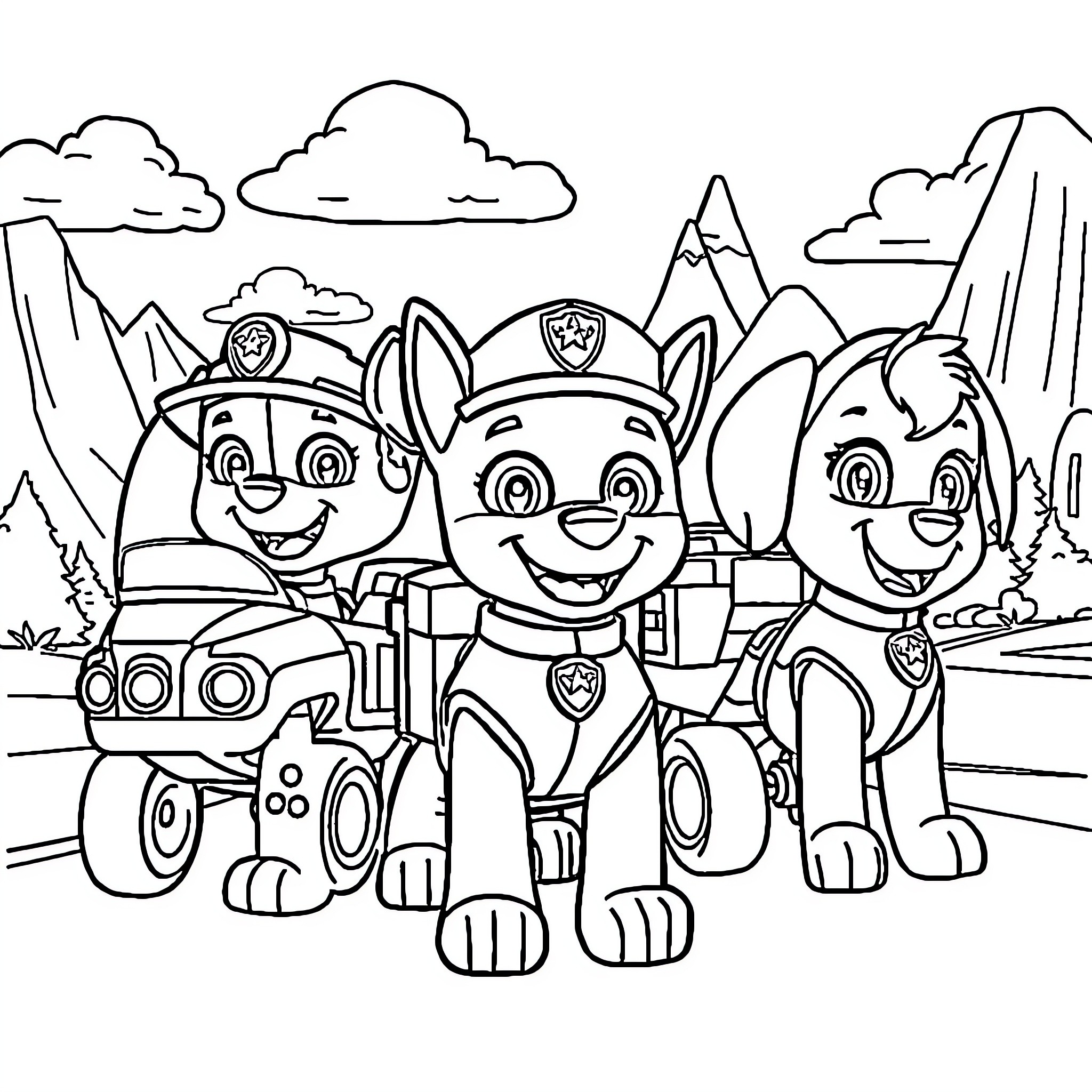 Paw Patrol Rescue Team in Action Coloring Page (free black-and-white line drawing printable PDF for all, from beginners to advanced learners, including children, teens, adults, and seniors)
