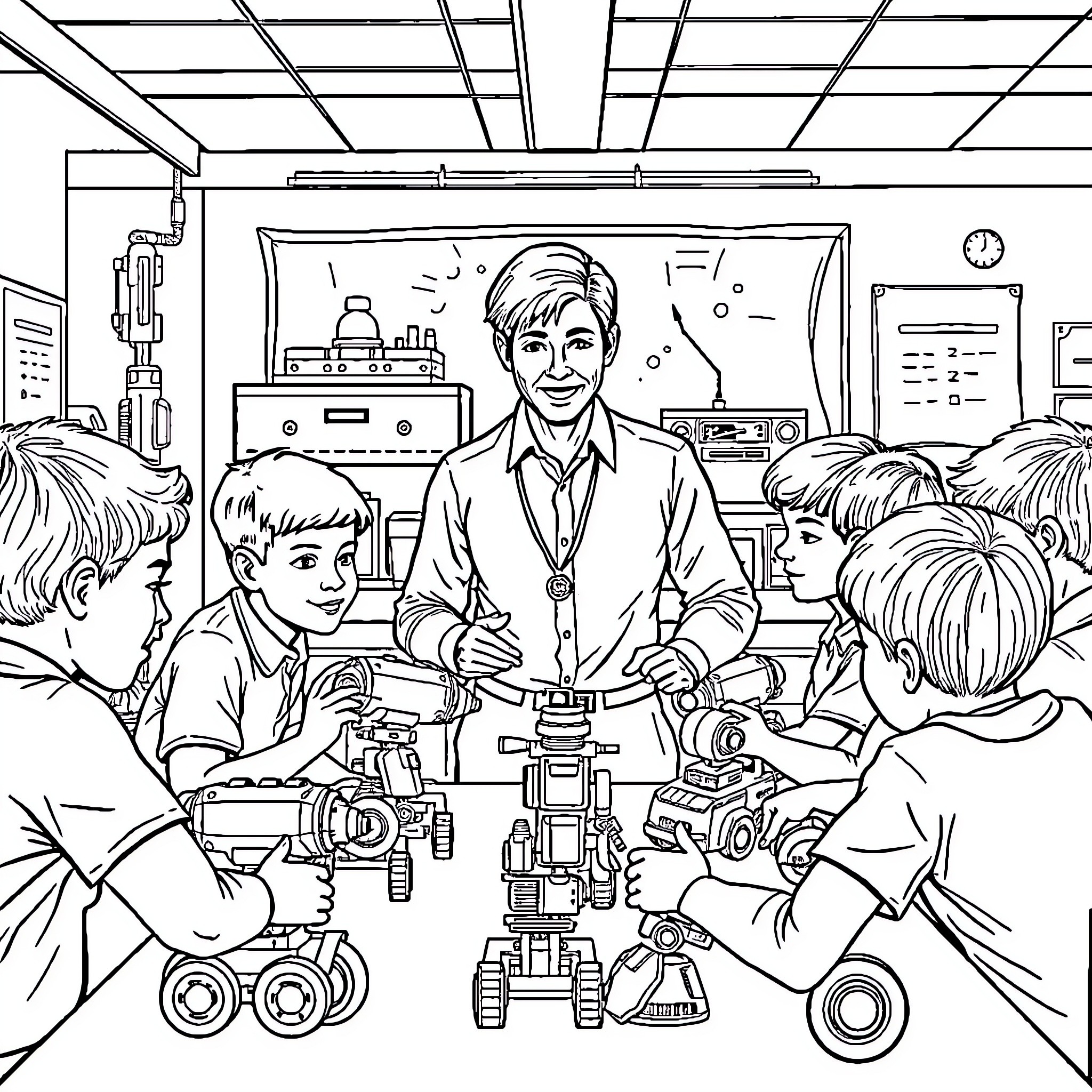 Teacher Introducing Robotics to Engaged Students Coloring Page (free black-and-white line drawing printable PDF for all, from beginners to advanced learners, including children, teens, adults, and seniors)