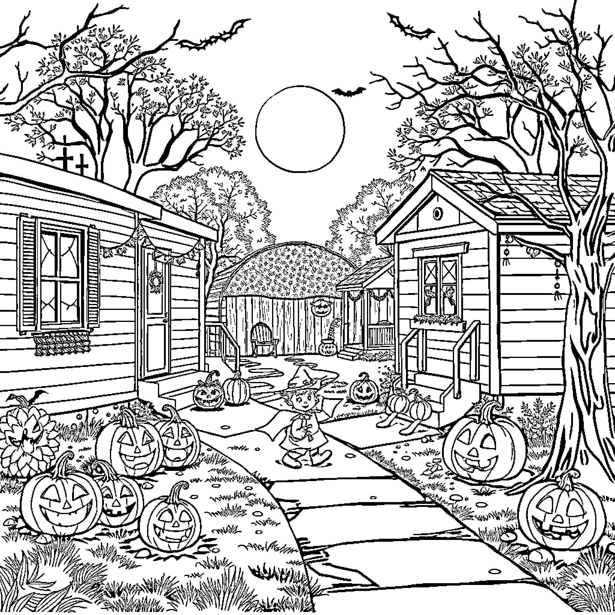 Halloween Celebration in a Spooky Countryside Coloring Page (free black-and-white line drawing printable PDF for all, from beginners to advanced learners, including children, teens, adults, and seniors)