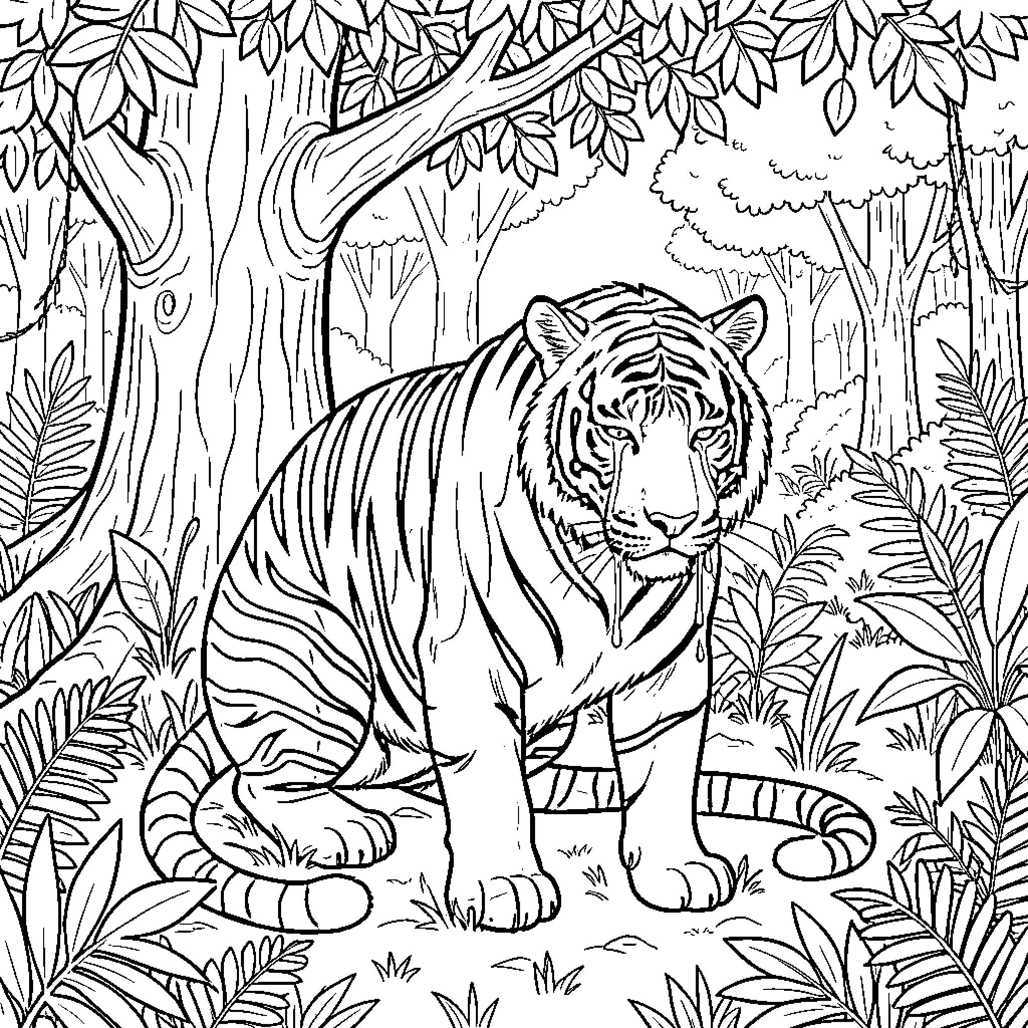 Tiger in Lush Forest Landscape Coloring Page (free black-and-white line drawing printable PDF for all, from beginners to advanced learners, including children, teens, adults, and seniors)