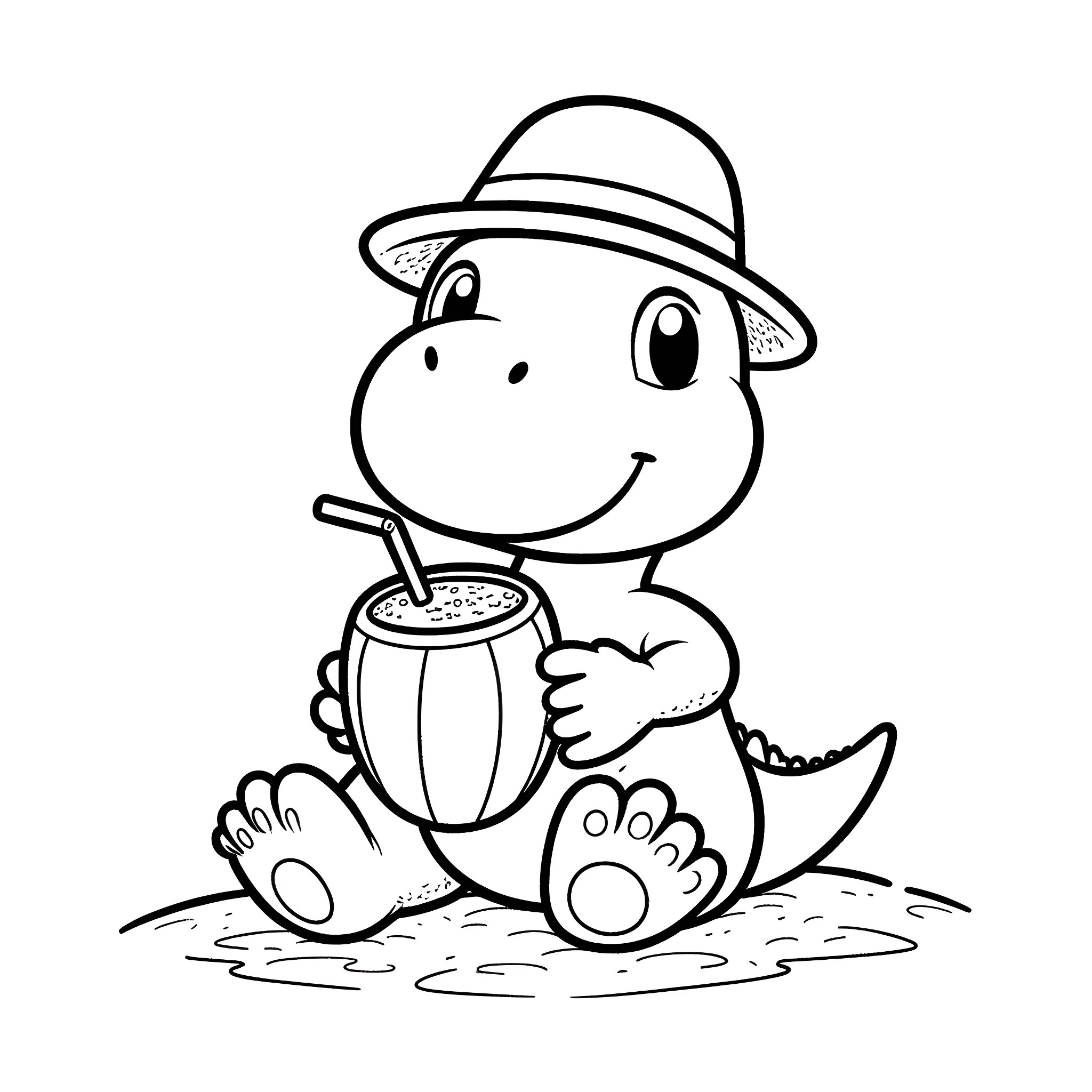Yoshi enjoying a refreshing drink in the sun Coloring Page (free black-and-white line drawing printable PDF for all, from beginners to advanced learners, including children, teens, adults, and seniors)