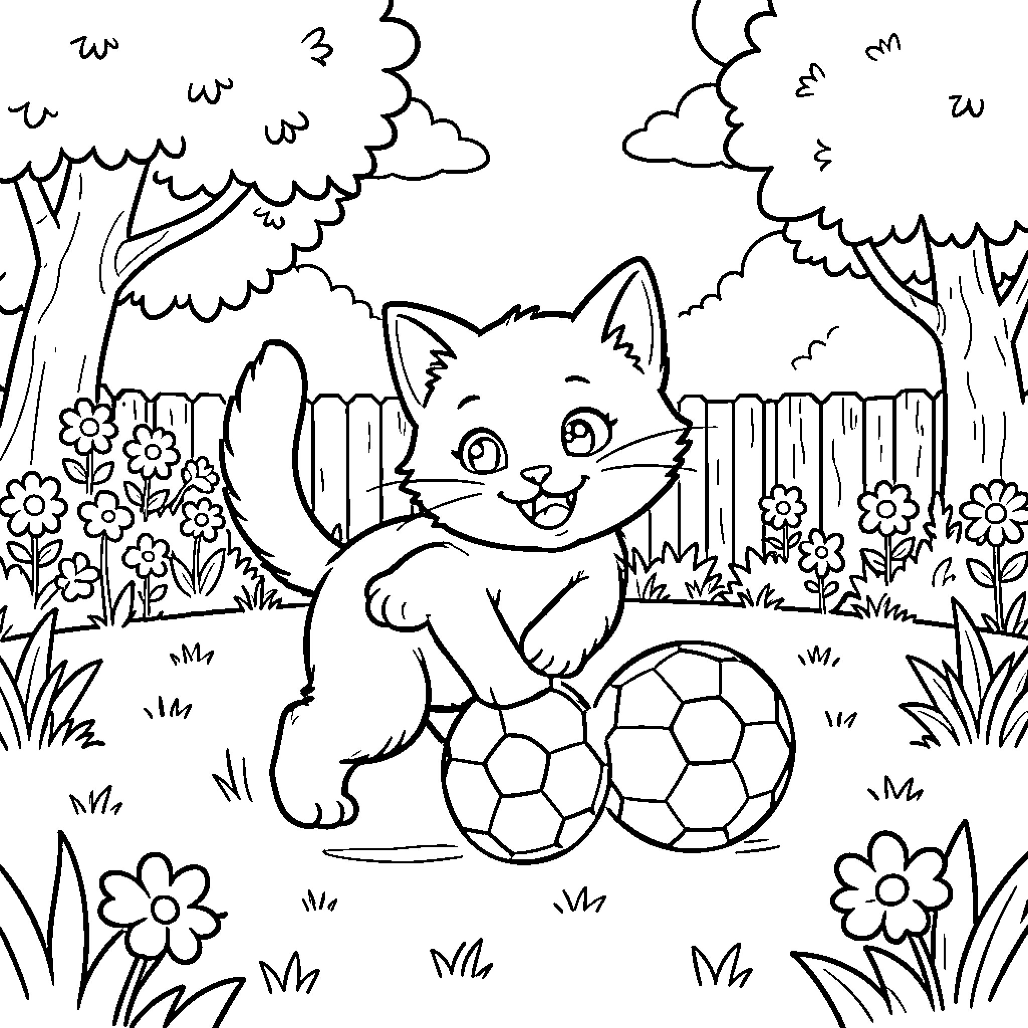 Gato playing happily with soccer balls in the garden Coloring Page (free black-and-white line drawing printable PDF for all, from beginners to advanced learners, including children, teens, adults, and seniors)