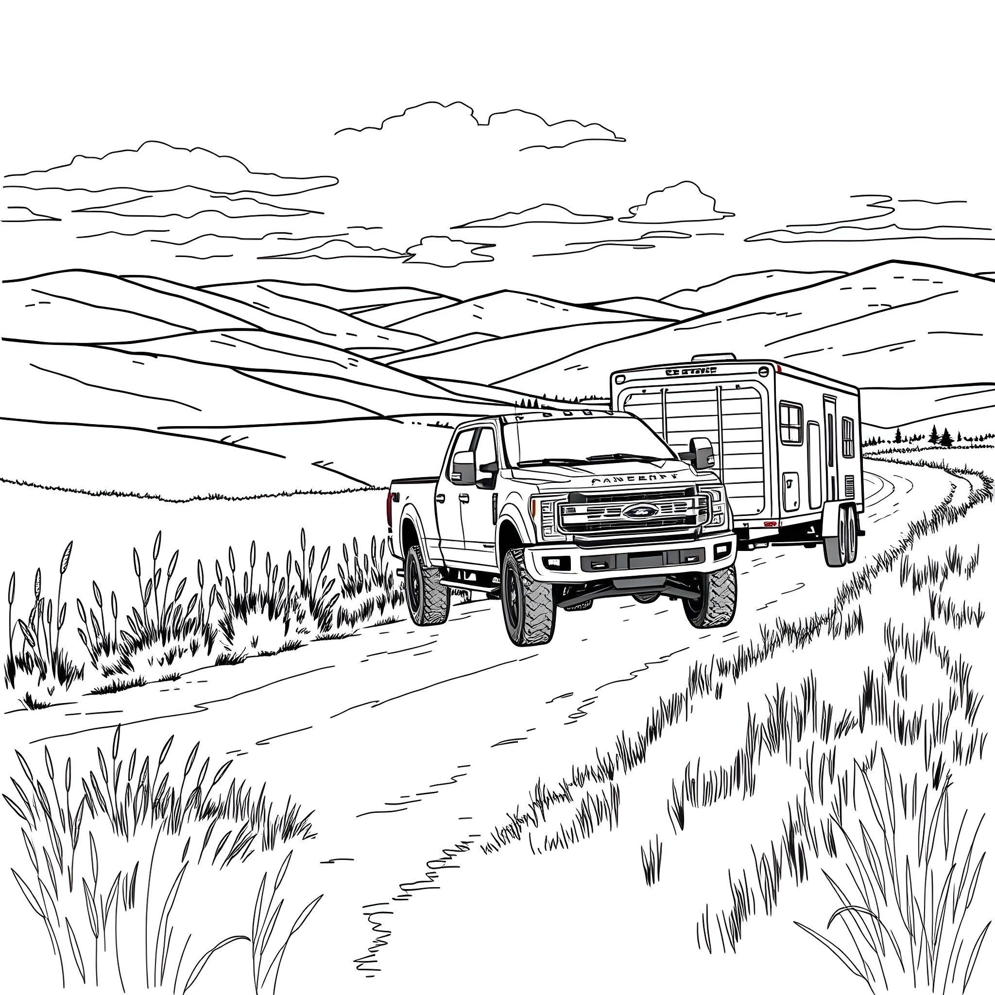 Pickup truck on a scenic mountain road Coloring Page (free black-and-white line drawing printable PDF for all, from beginners to advanced learners, including children, teens, adults, and seniors)