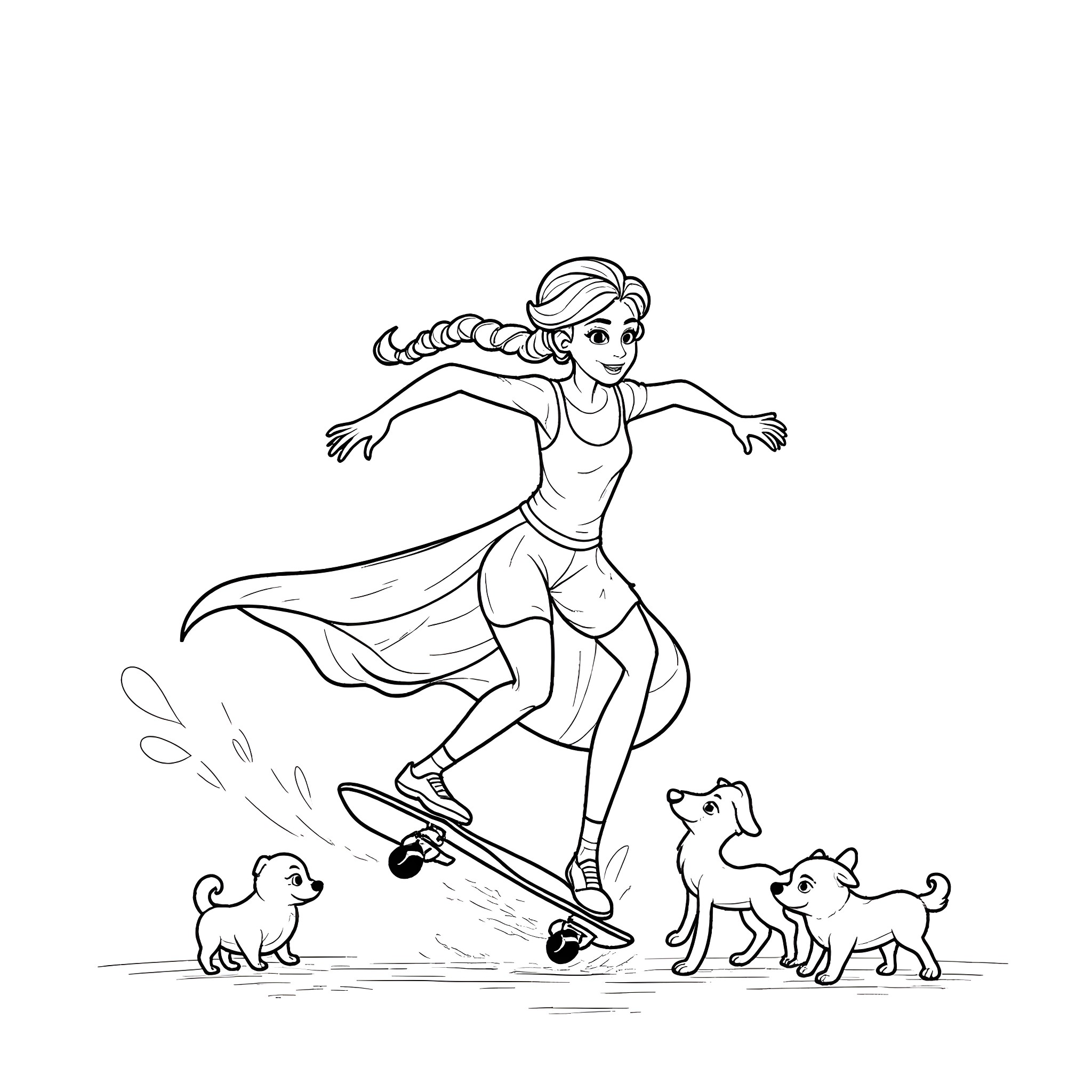 Elsa skating with her puppy friends Coloring Page (free black-and-white line drawing printable PDF for all, from beginners to advanced learners, including children, teens, adults, and seniors)