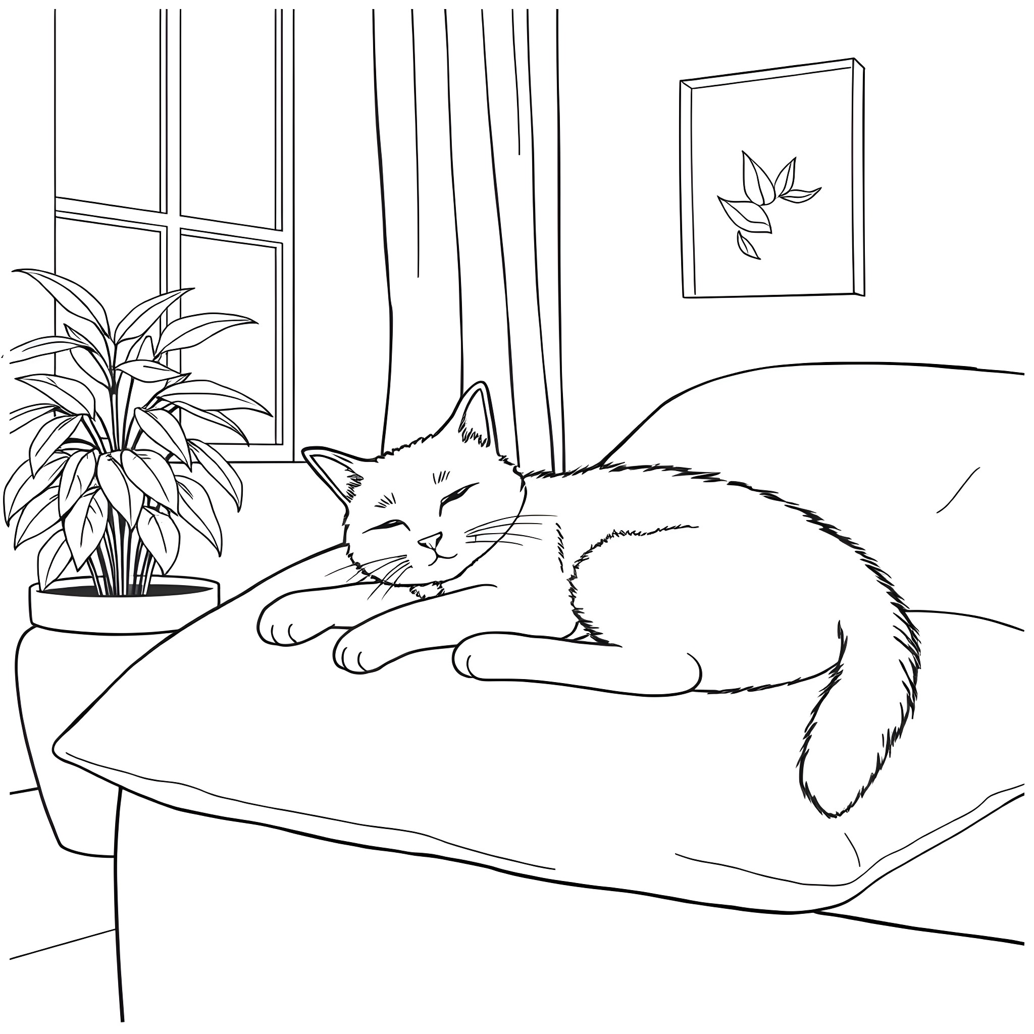 Cat relaxing comfortably on a cushion Coloring Page (free black-and-white line drawing printable PDF for all, from beginners to advanced learners, including children, teens, adults, and seniors)