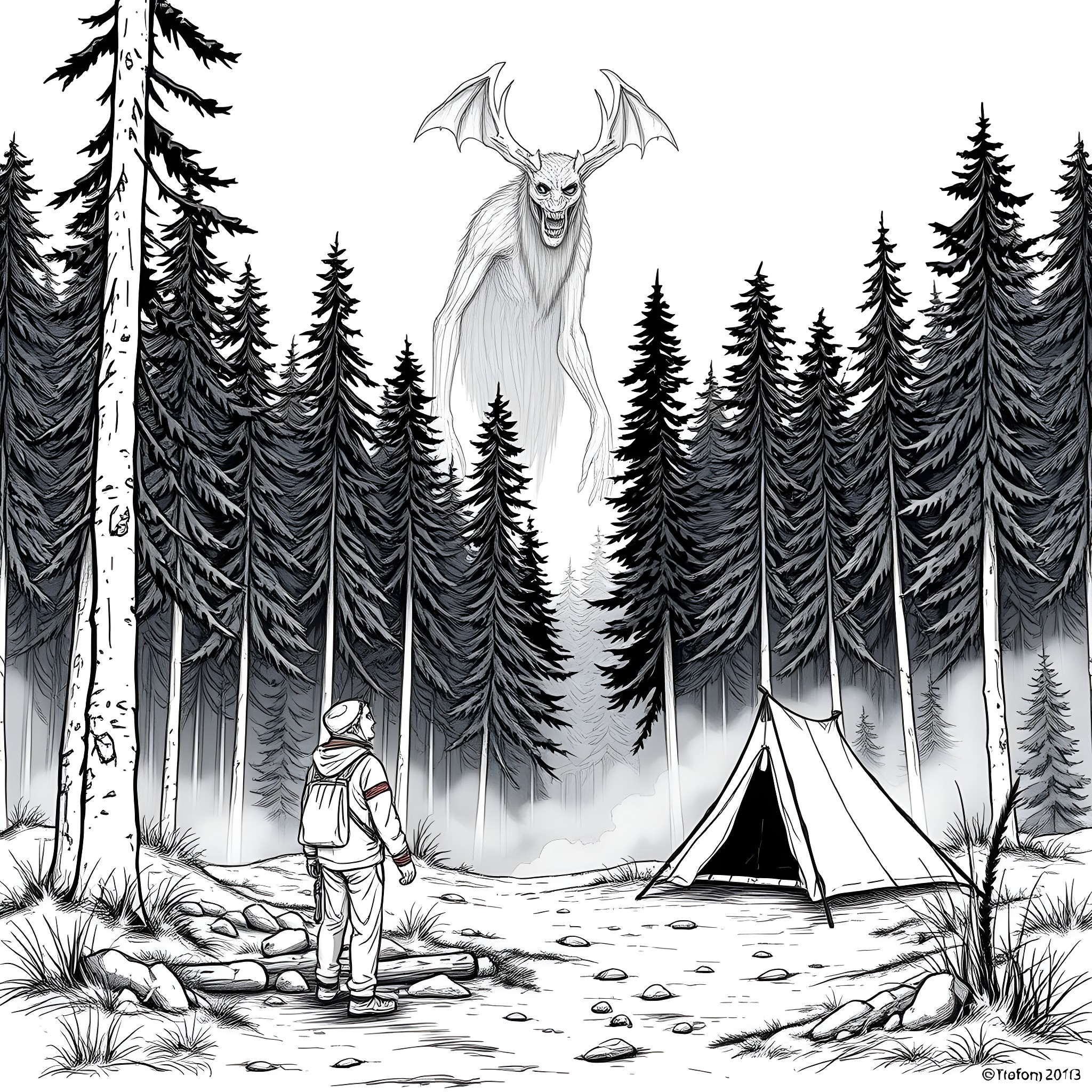 Camper confronting a mythical creature in the forest Coloring Page (free black-and-white line drawing printable PDF for all, from beginners to advanced learners, including children, teens, adults, and seniors)