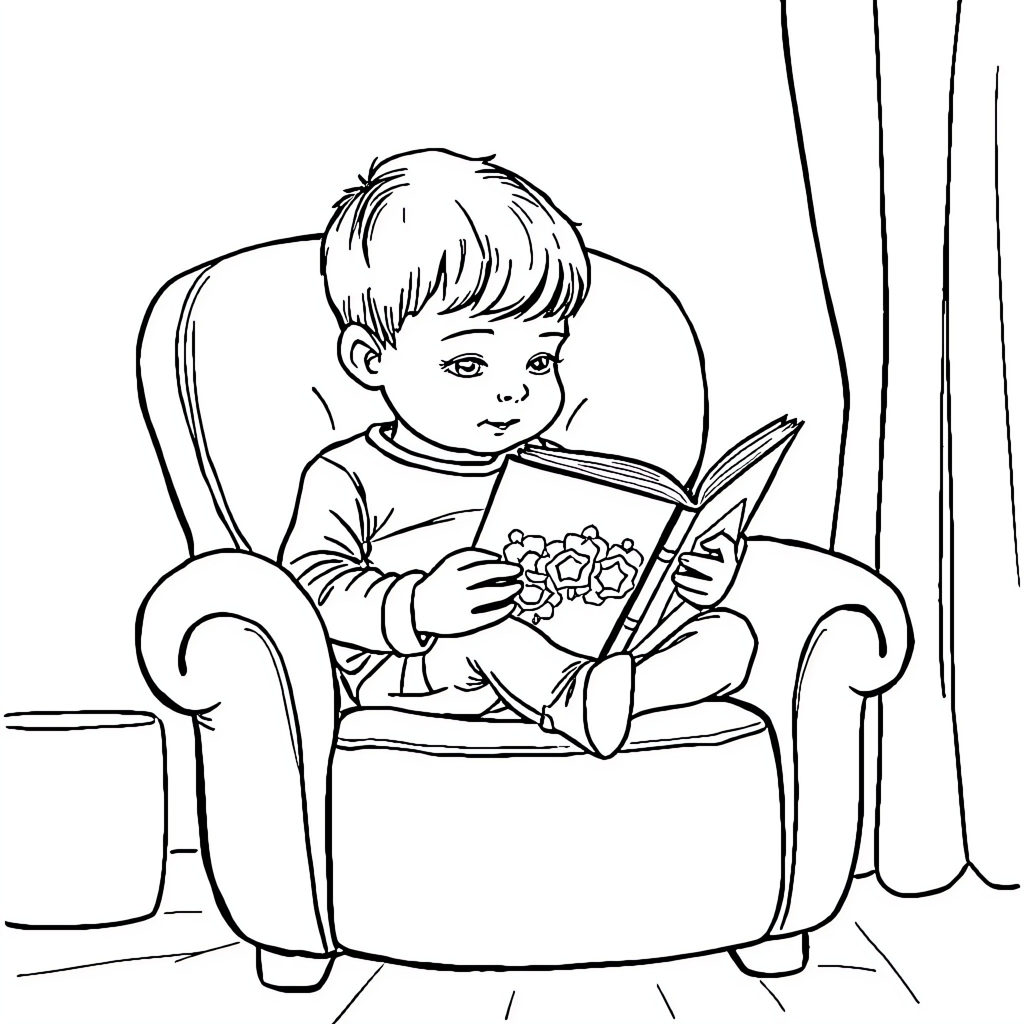 Child reading a book in chair Coloring Page (free black-and-white line drawing printable PDF for all, from beginners to advanced learners, including children, teens, adults, and seniors)