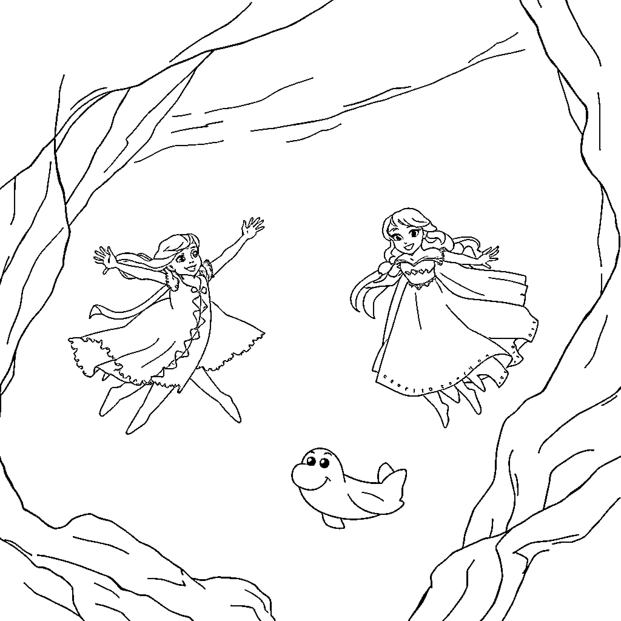 Queen's Enchanted Realm: Dancing Princesses and Friendly Creature Coloring Page (free black-and-white line drawing printable PDF for all, from beginners to advanced learners, including children, teens, adults, and seniors)