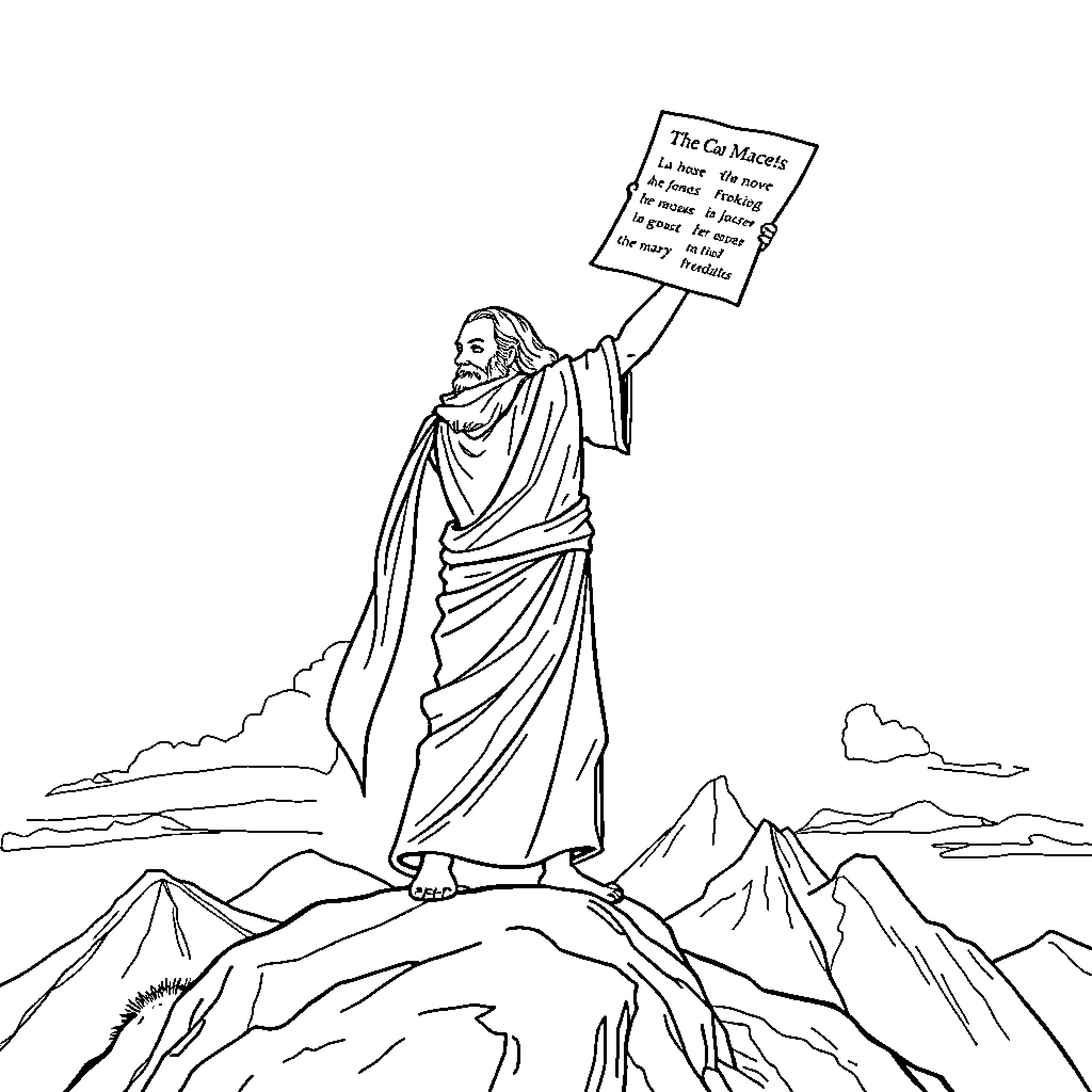Moses standing on a mountain holding a sign Coloring Page (free black-and-white line drawing printable PDF for all, from beginners to advanced learners, including children, teens, adults, and seniors)