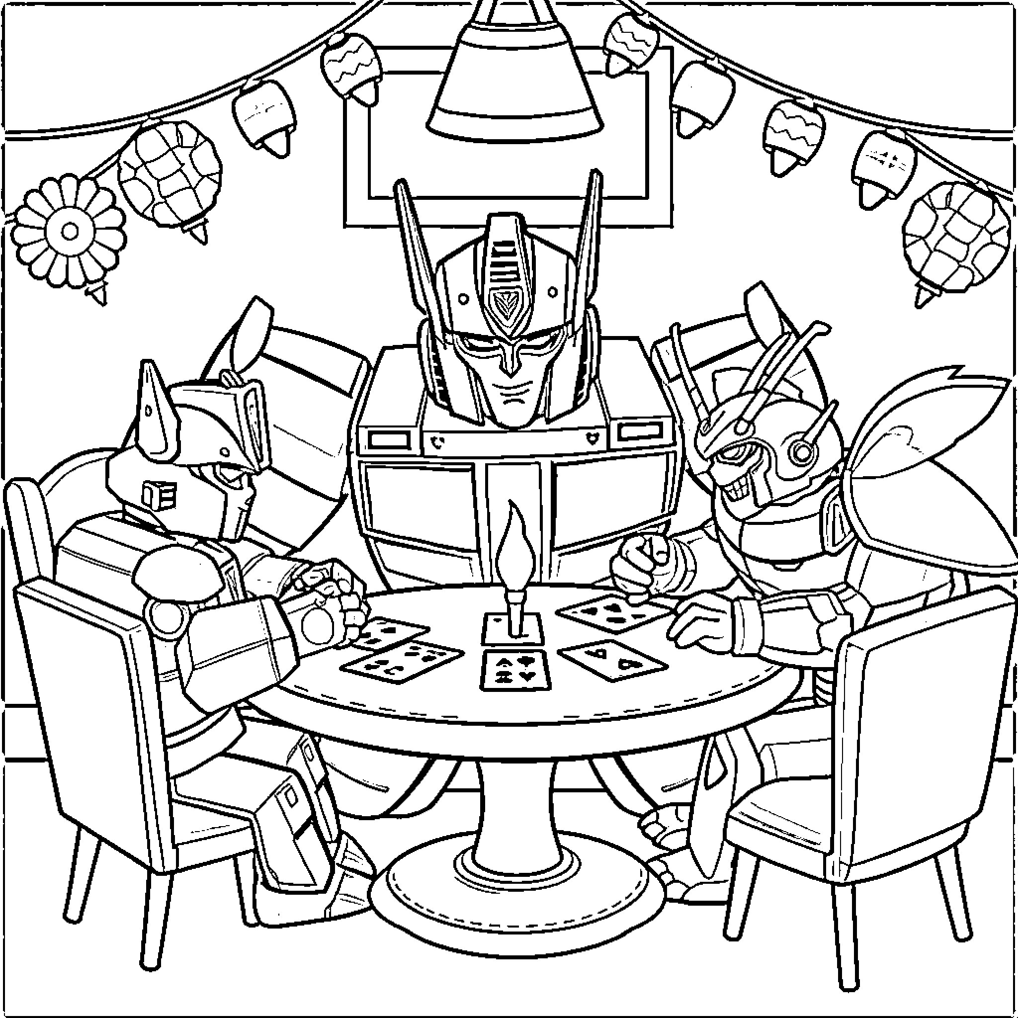Optimus Prime and Friends Playing Board Games Coloring Page (free black-and-white line drawing printable PDF for all, from beginners to advanced learners, including children, teens, adults, and seniors)