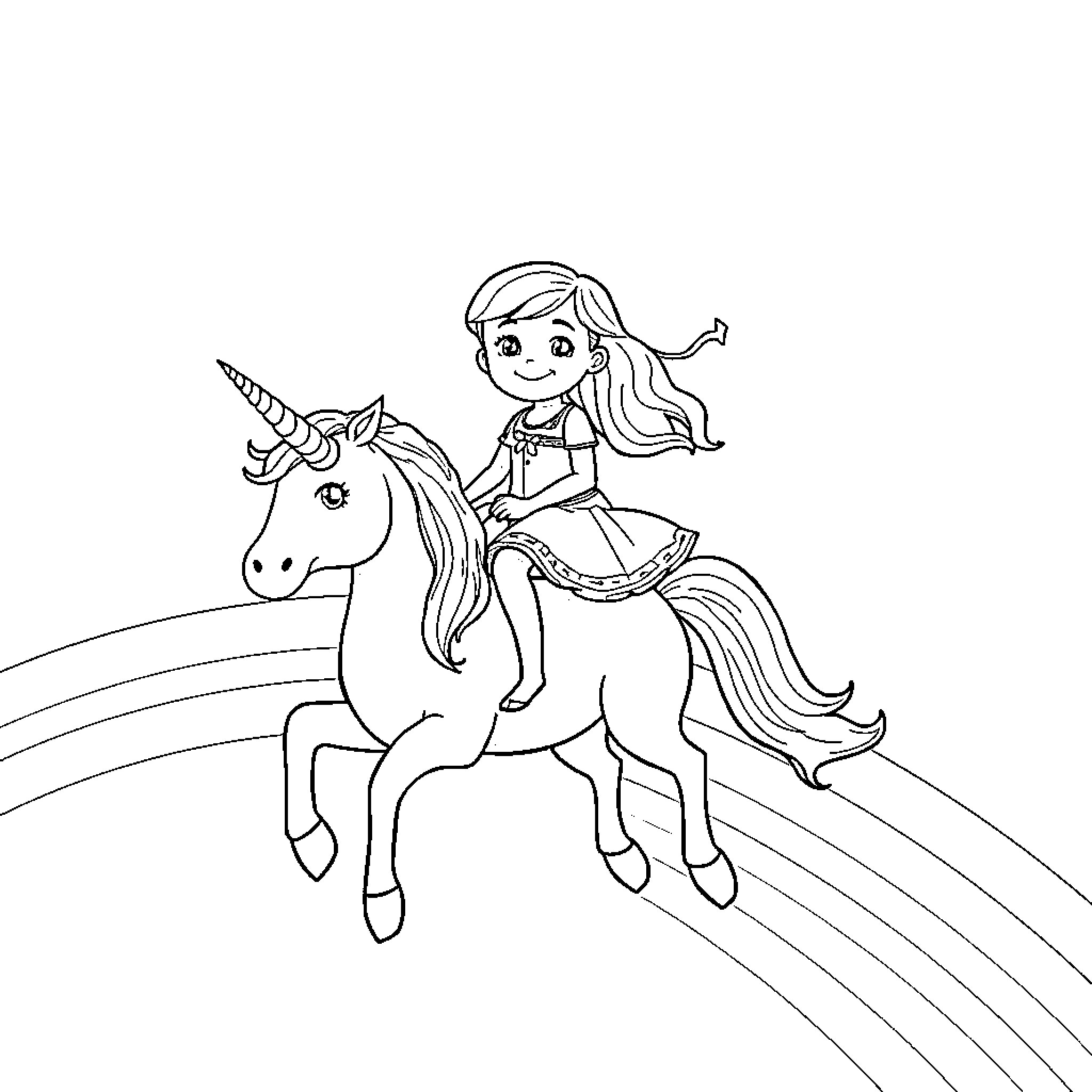 Unicorn girl riding magical unicorn through the sky Coloring Page (free black-and-white line drawing printable PDF for all, from beginners to advanced learners, including children, teens, adults, and seniors)