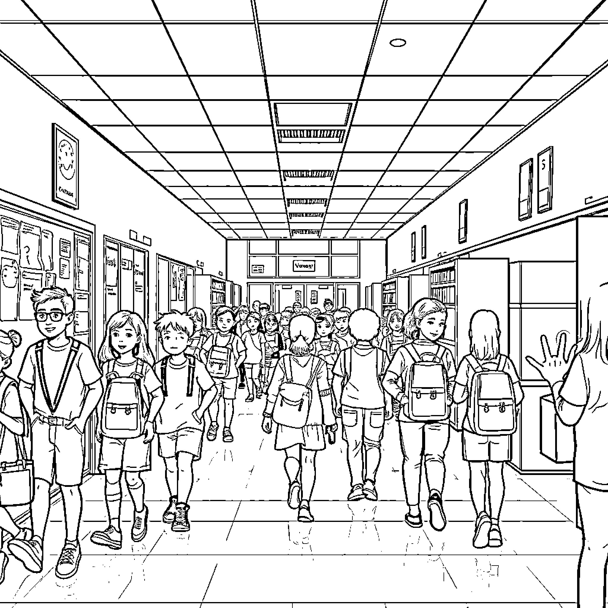 School students rushing through the hallway Coloring Page (free black-and-white line drawing printable PDF for all, from beginners to advanced learners, including children, teens, adults, and seniors)