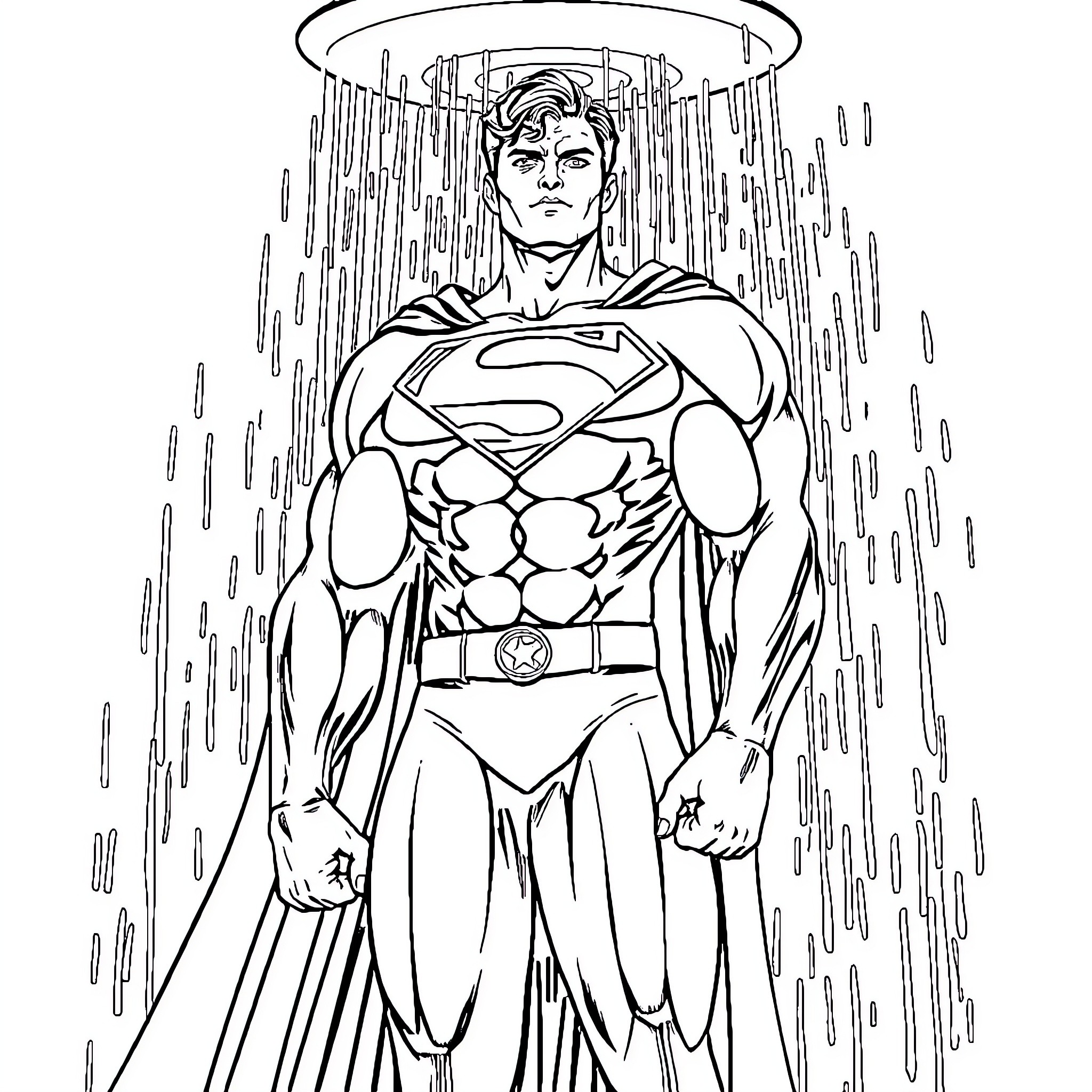 Superman standing heroically in the rain Coloring Page (free black-and-white line drawing printable PDF for all, from beginners to advanced learners, including children, teens, adults, and seniors)
