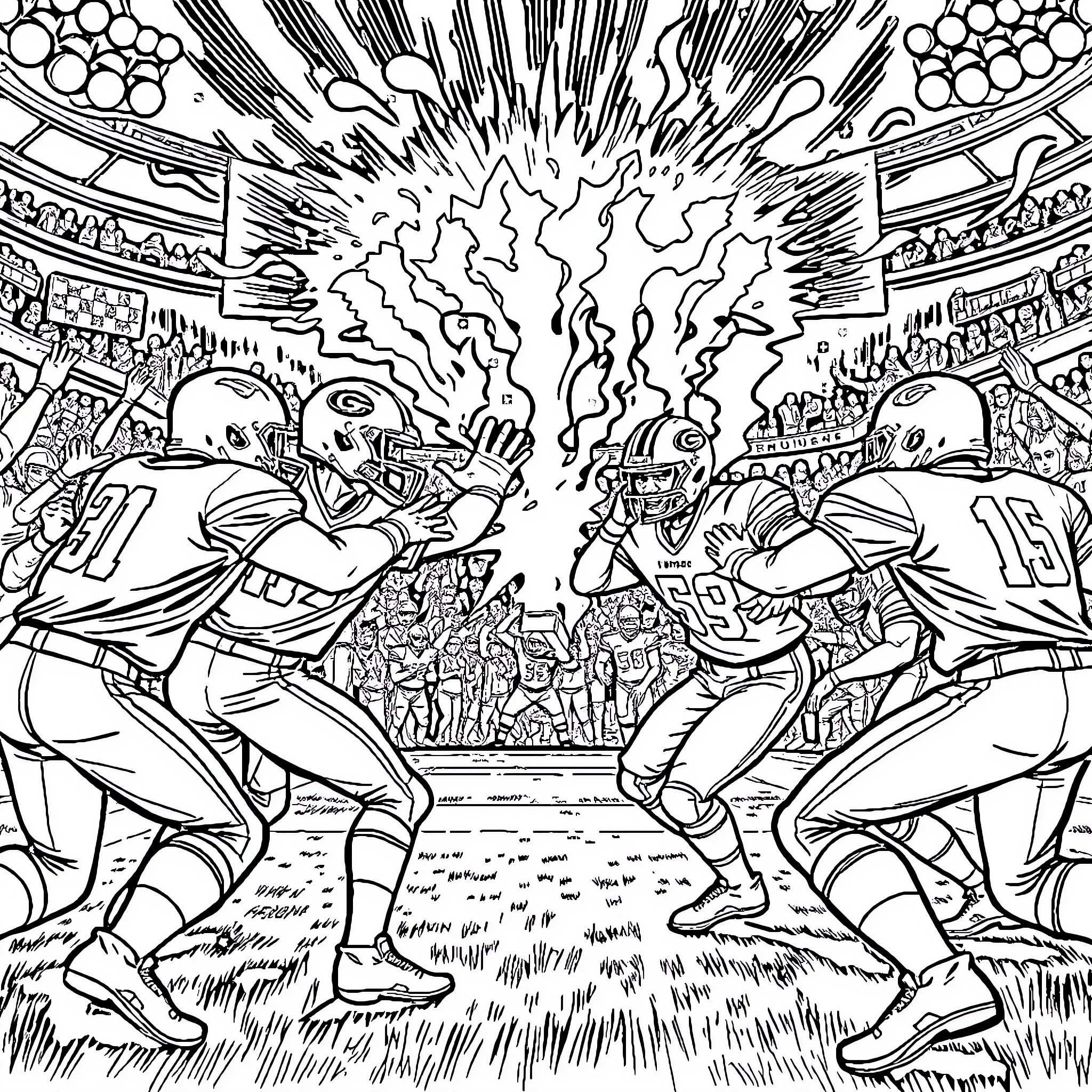 Squid Game: Intense Football Clash on the Field Coloring Page (free black-and-white line drawing printable PDF for all, from beginners to advanced learners, including children, teens, adults, and seniors)