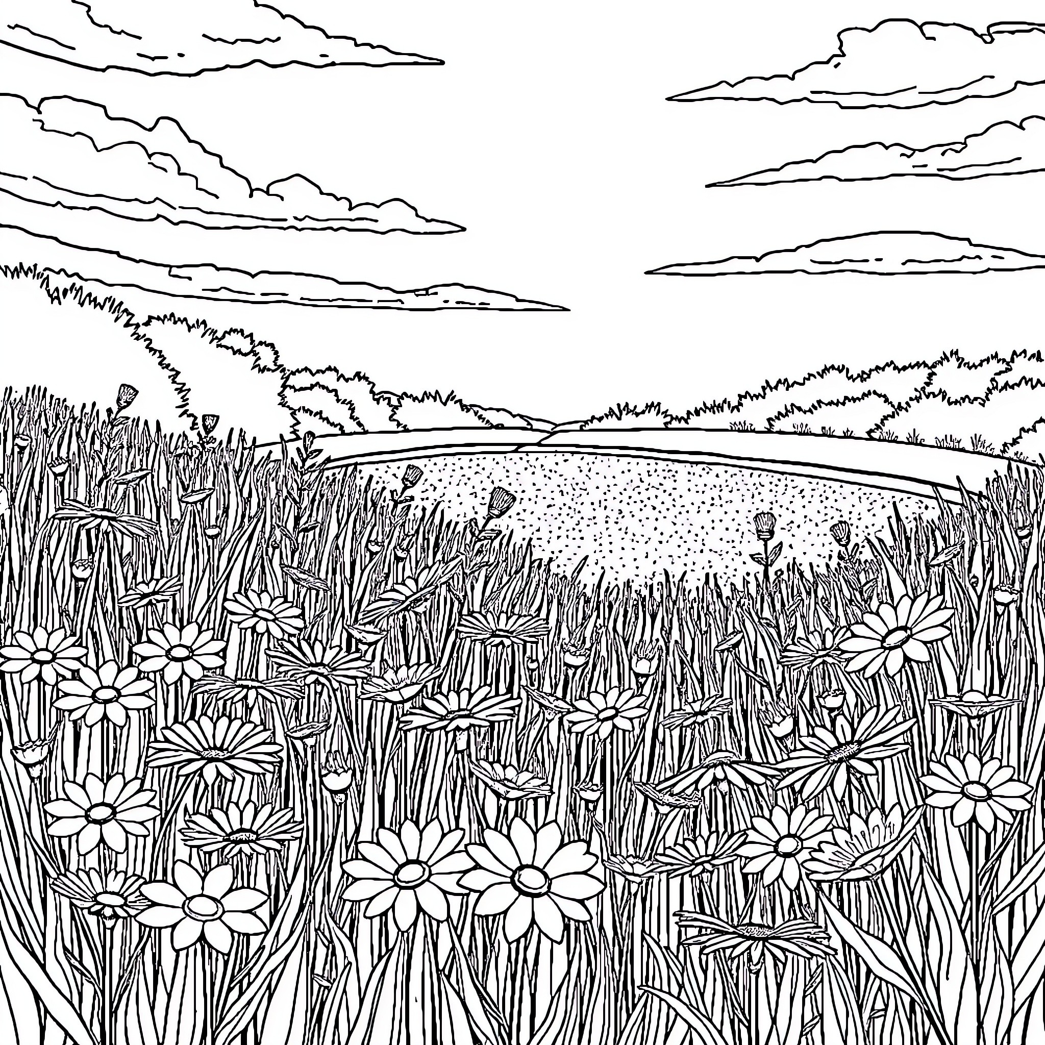 Wildflower meadow with blooming daisies and cloudy sky Coloring Page (free black-and-white line drawing printable PDF for all, from beginners to advanced learners, including children, teens, adults, and seniors)
