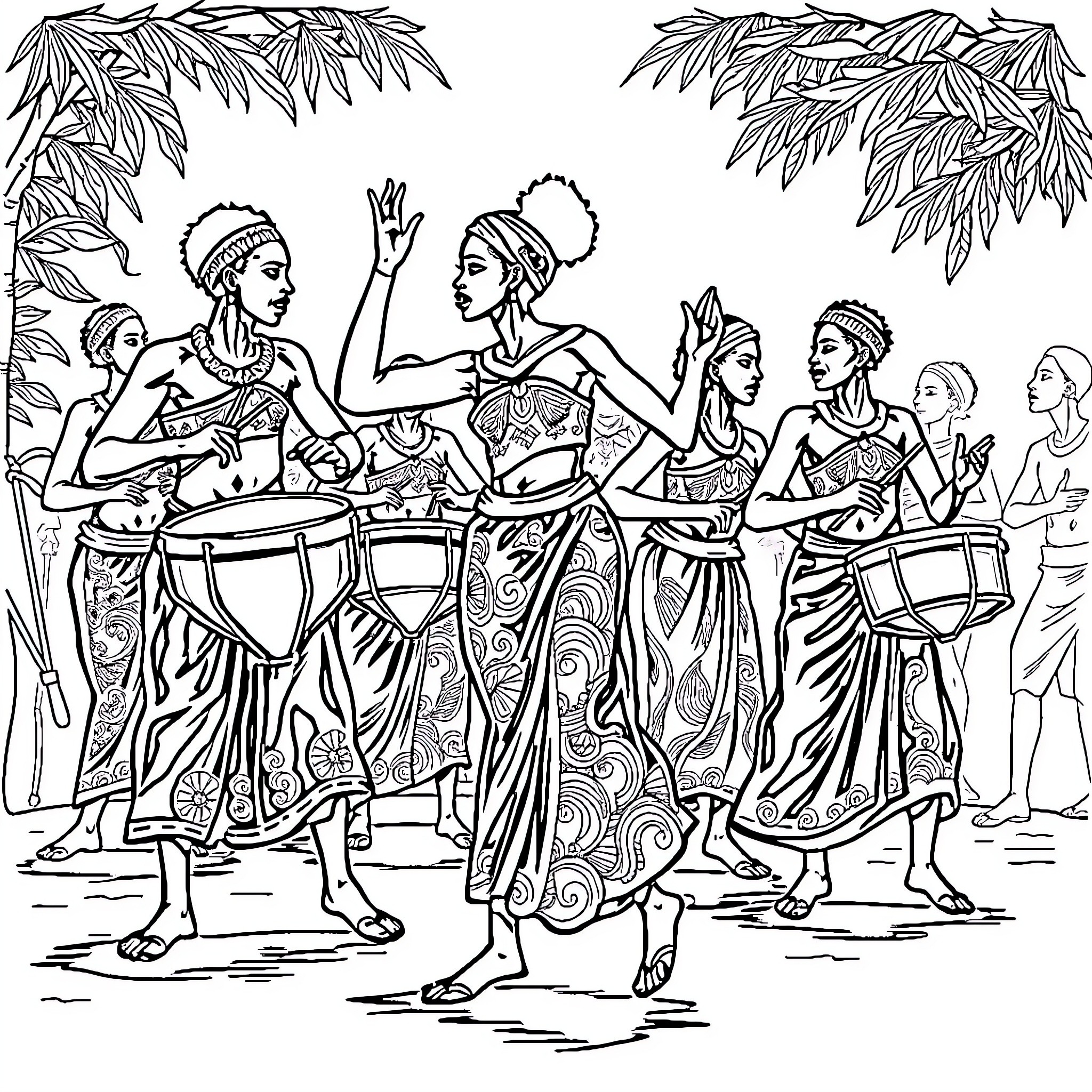 Dancer Celebrating with Vibrant Tribal Attire Coloring Page (free black-and-white line drawing printable PDF for all, from beginners to advanced learners, including children, teens, adults, and seniors)