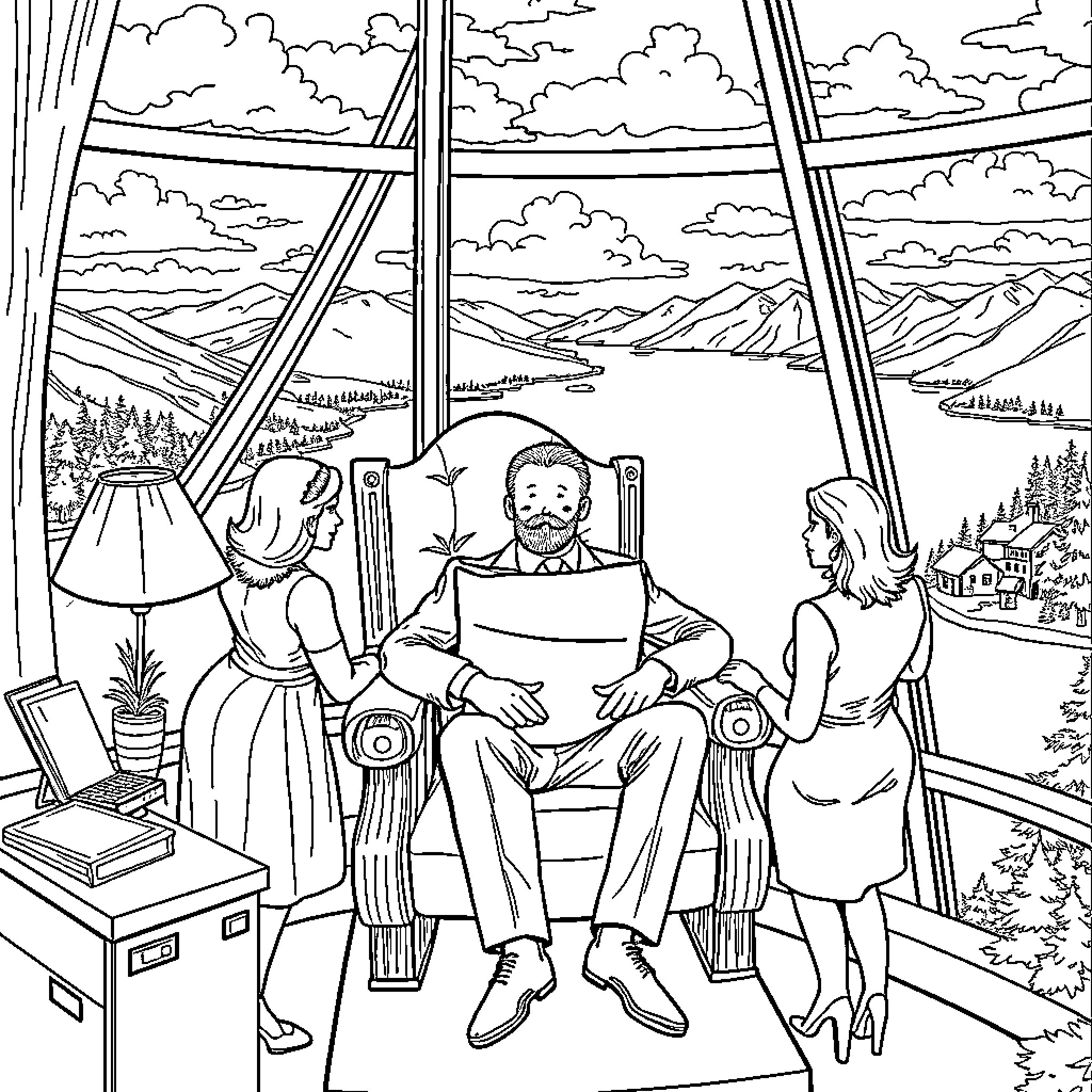 Boss relaxing with family in cozy cabin with scenic views Coloring Page (free black-and-white line drawing printable PDF for all, from beginners to advanced learners, including children, teens, adults, and seniors)