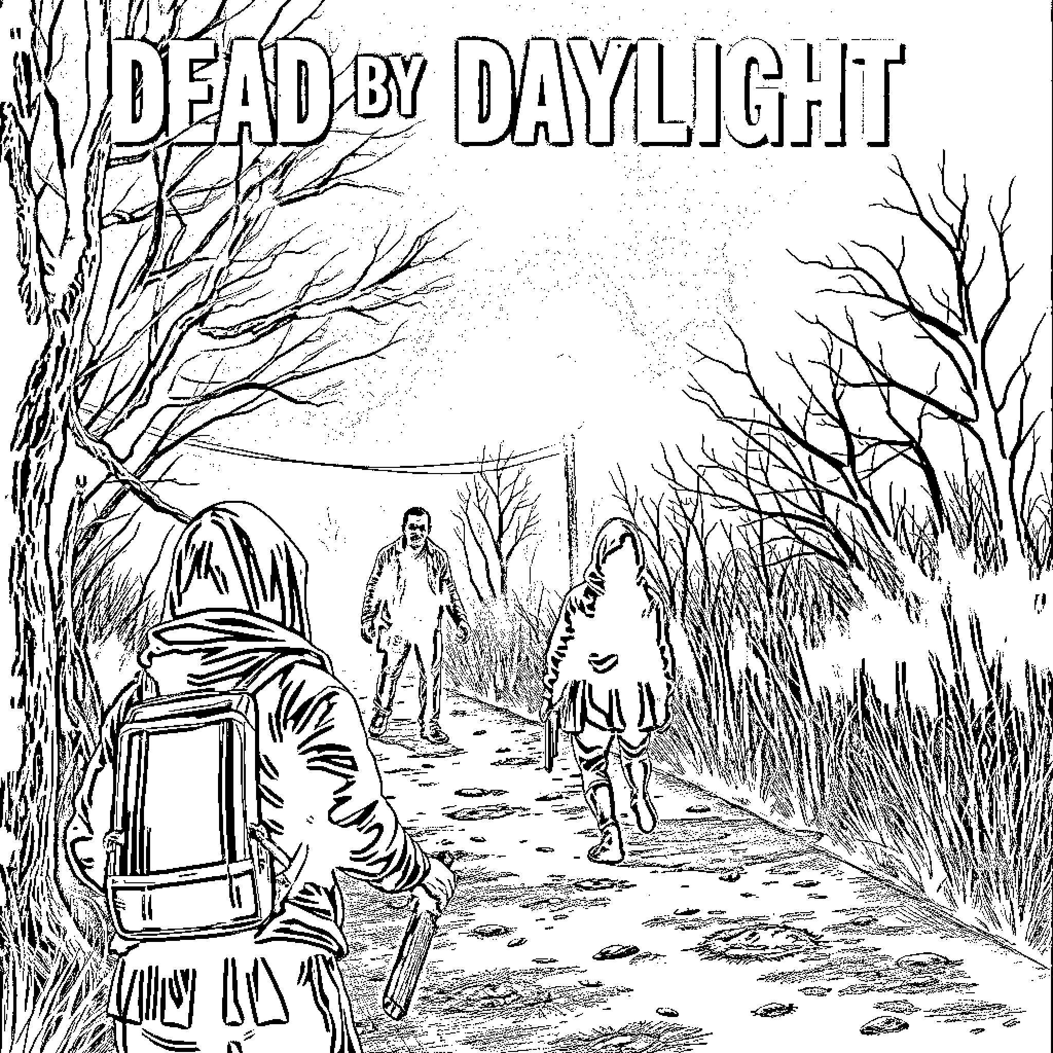 Dead by Daylight - Suspenseful Characters in Chilling Forest Setting Coloring Page (free black-and-white line drawing printable PDF for all, from beginners to advanced learners, including children, teens, adults, and seniors)
