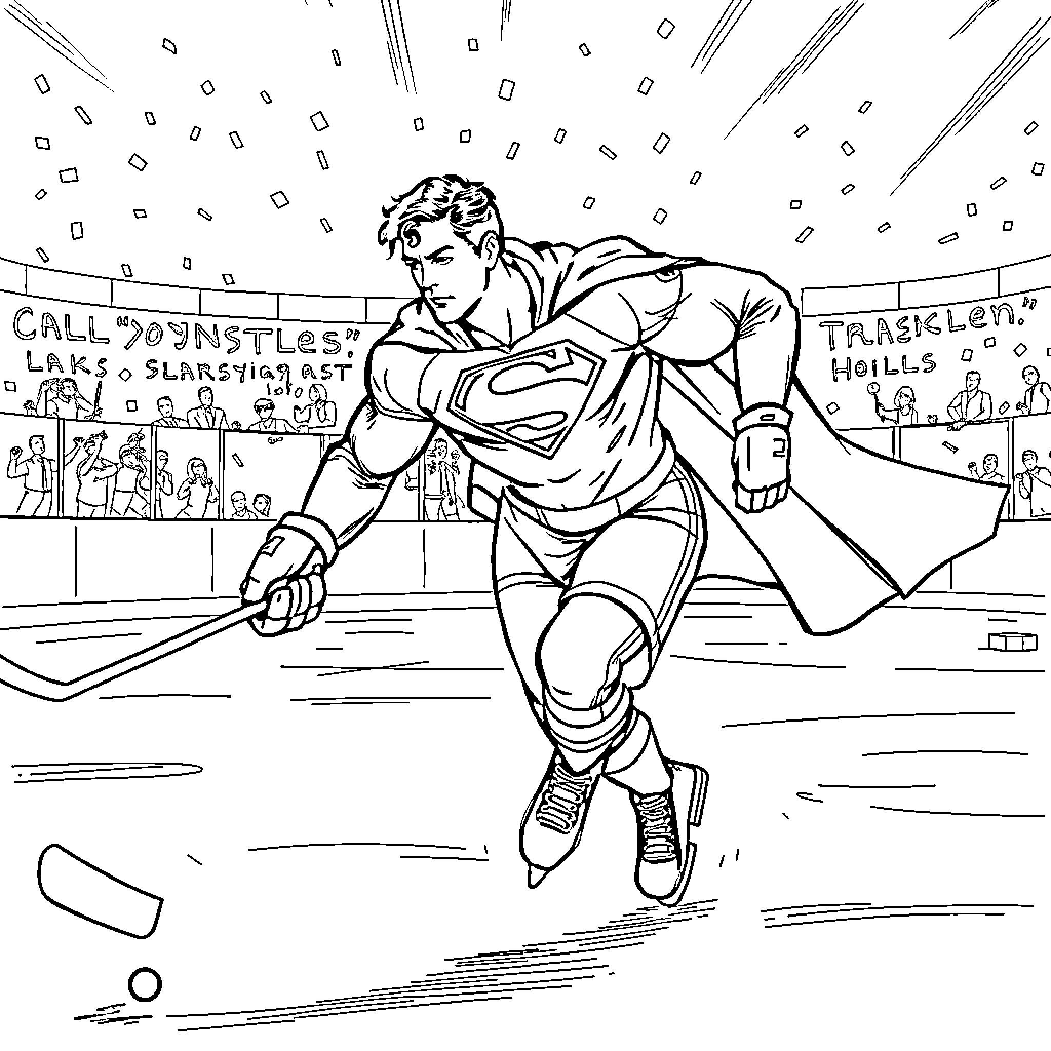 Superman soaring through the city, cape billowing Coloring Page (free black-and-white line drawing printable PDF for all, from beginners to advanced learners, including children, teens, adults, and seniors)