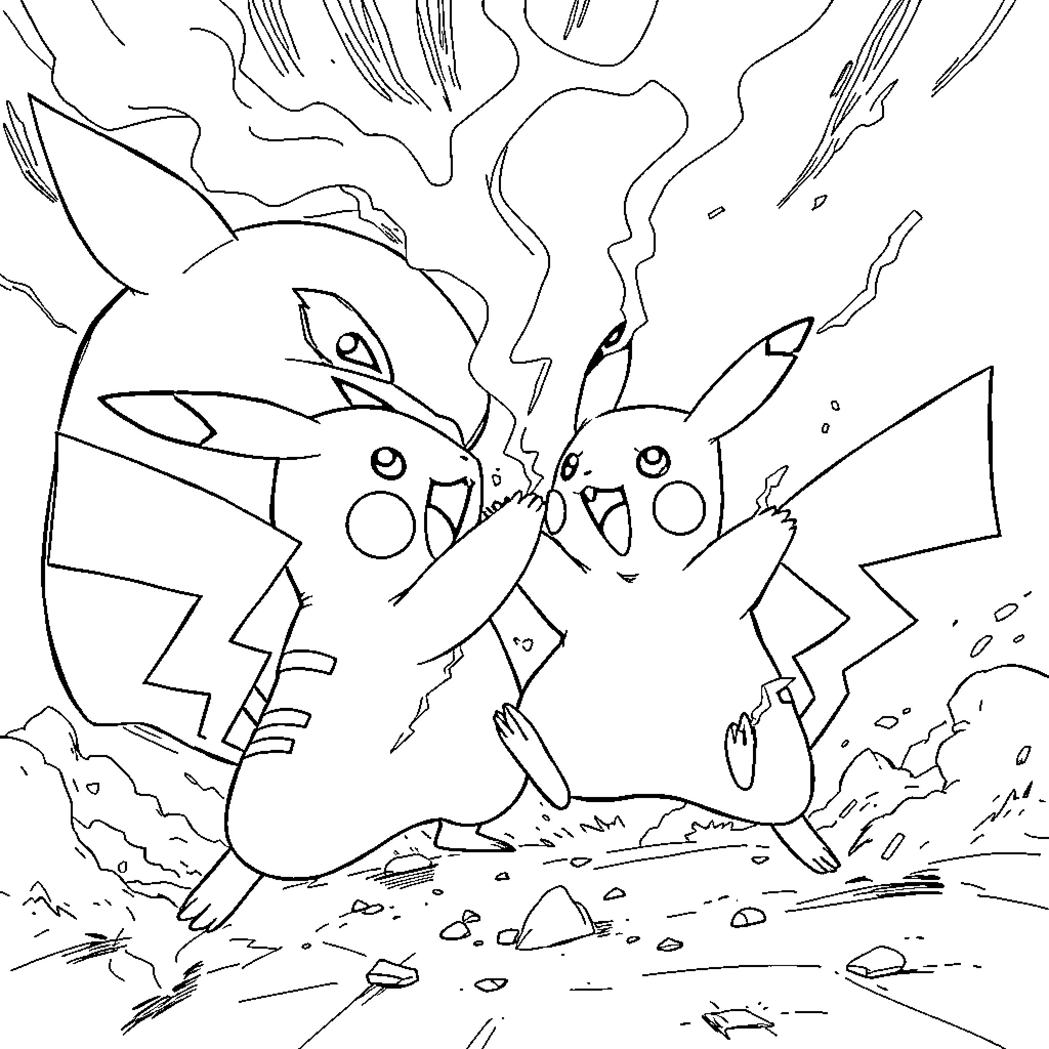 Pikachu engaged in an intense electrical battle Coloring Page (free black-and-white line drawing printable PDF for all, from beginners to advanced learners, including children, teens, adults, and seniors)