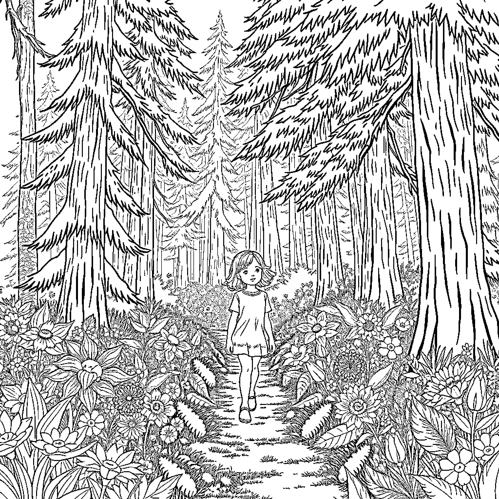 Girl exploring enchanting forest landscape Coloring Page (free black-and-white line drawing printable PDF for all, from beginners to advanced learners, including children, teens, adults, and seniors)