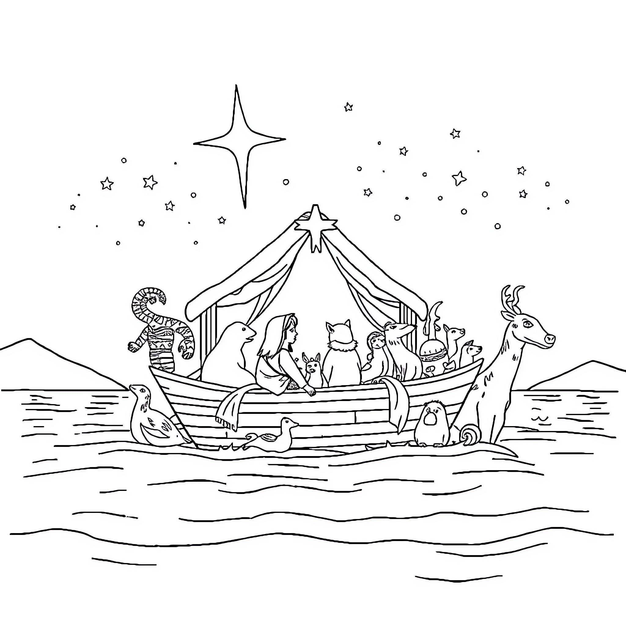 Noah's Ark with Animals Aboard in the Night Sky Coloring Page (free black-and-white line drawing printable PDF for all, from beginners to advanced learners, including children, teens, adults, and seniors)