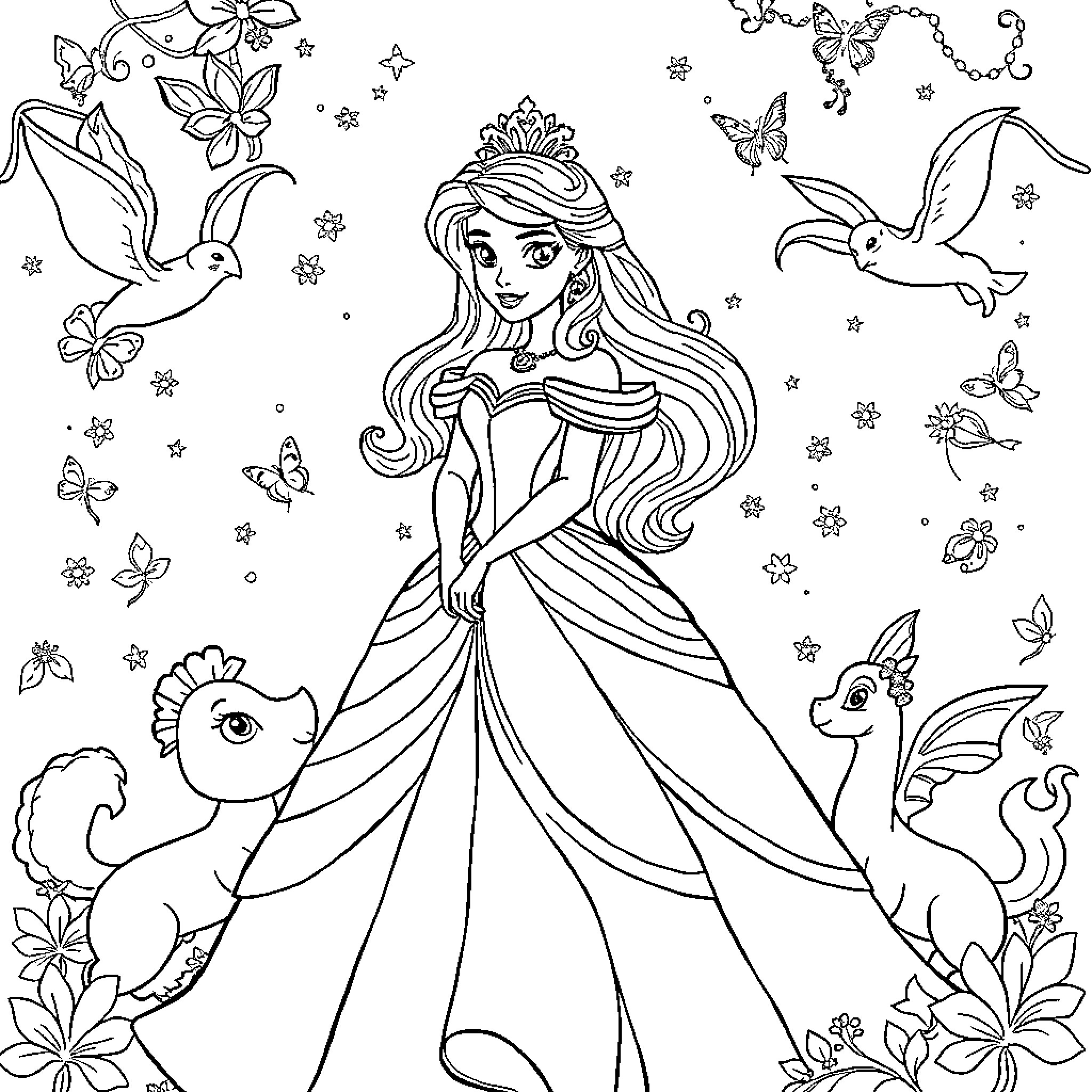 Disney Princess with forest animals and butterflies Coloring Page (free black-and-white line drawing printable PDF for all, from beginners to advanced learners, including children, teens, adults, and seniors)