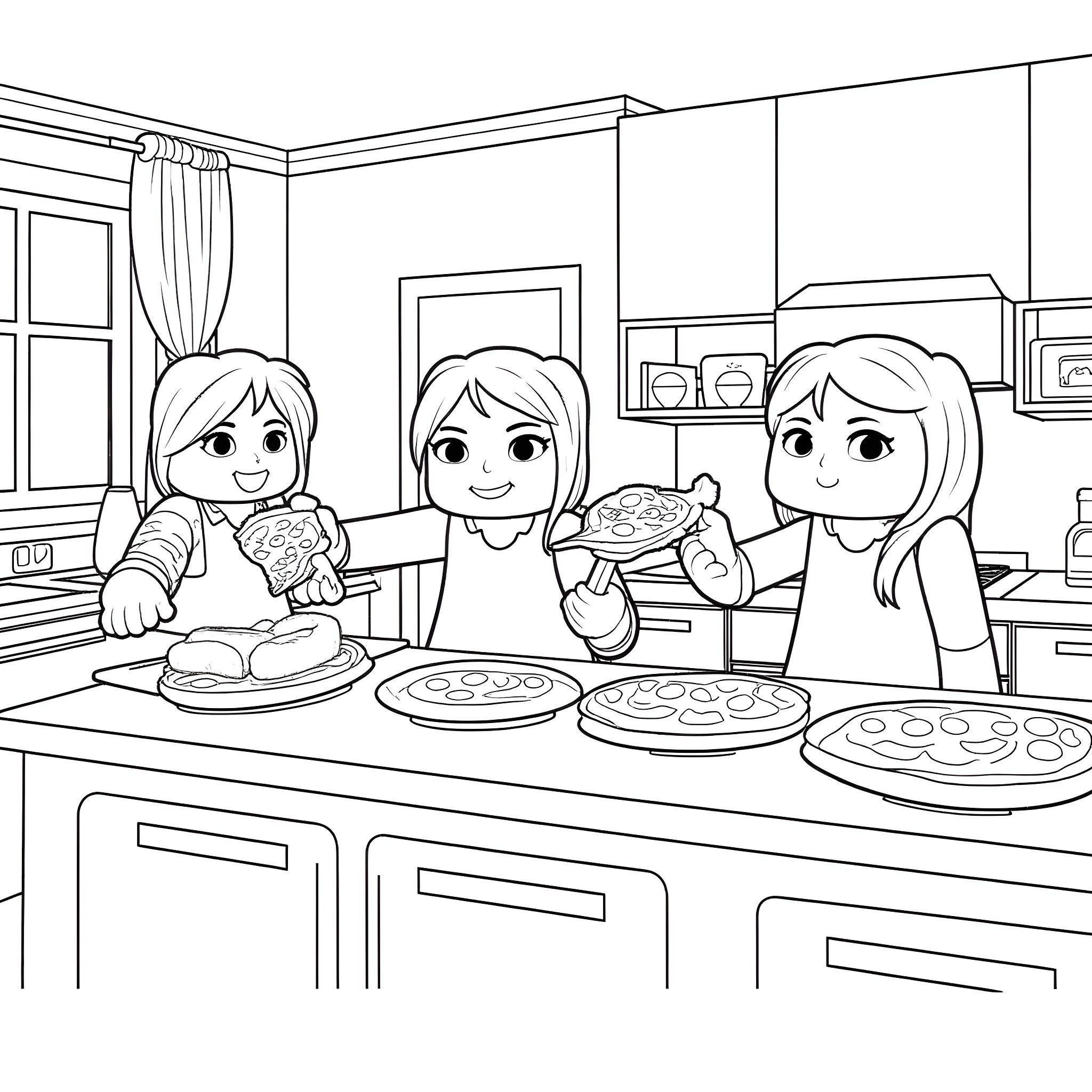 Minecraft friends baking together in the kitchen Coloring Page (free black-and-white line drawing printable PDF for all, from beginners to advanced learners, including children, teens, adults, and seniors)