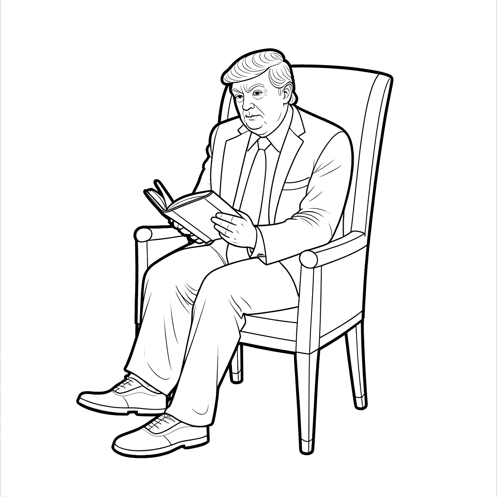 Trump reading a book in a chair Coloring Page (free black-and-white line drawing printable PDF for all, from beginners to advanced learners, including children, teens, adults, and seniors)