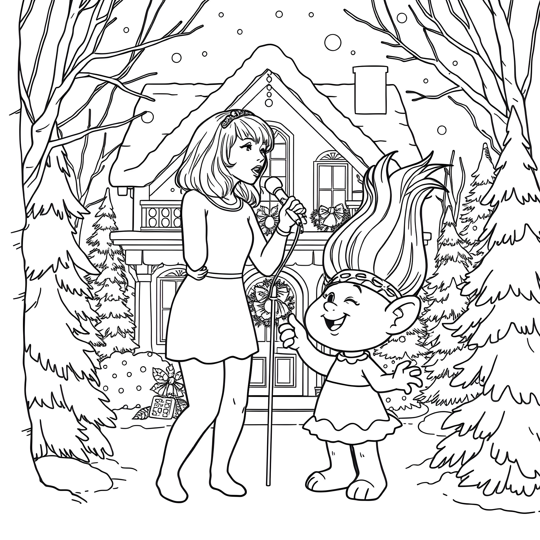 Taylor Swift and Snow White in a winter wonderland Coloring Page (free black-and-white line drawing printable PDF for all, from beginners to advanced learners, including children, teens, adults, and seniors)
