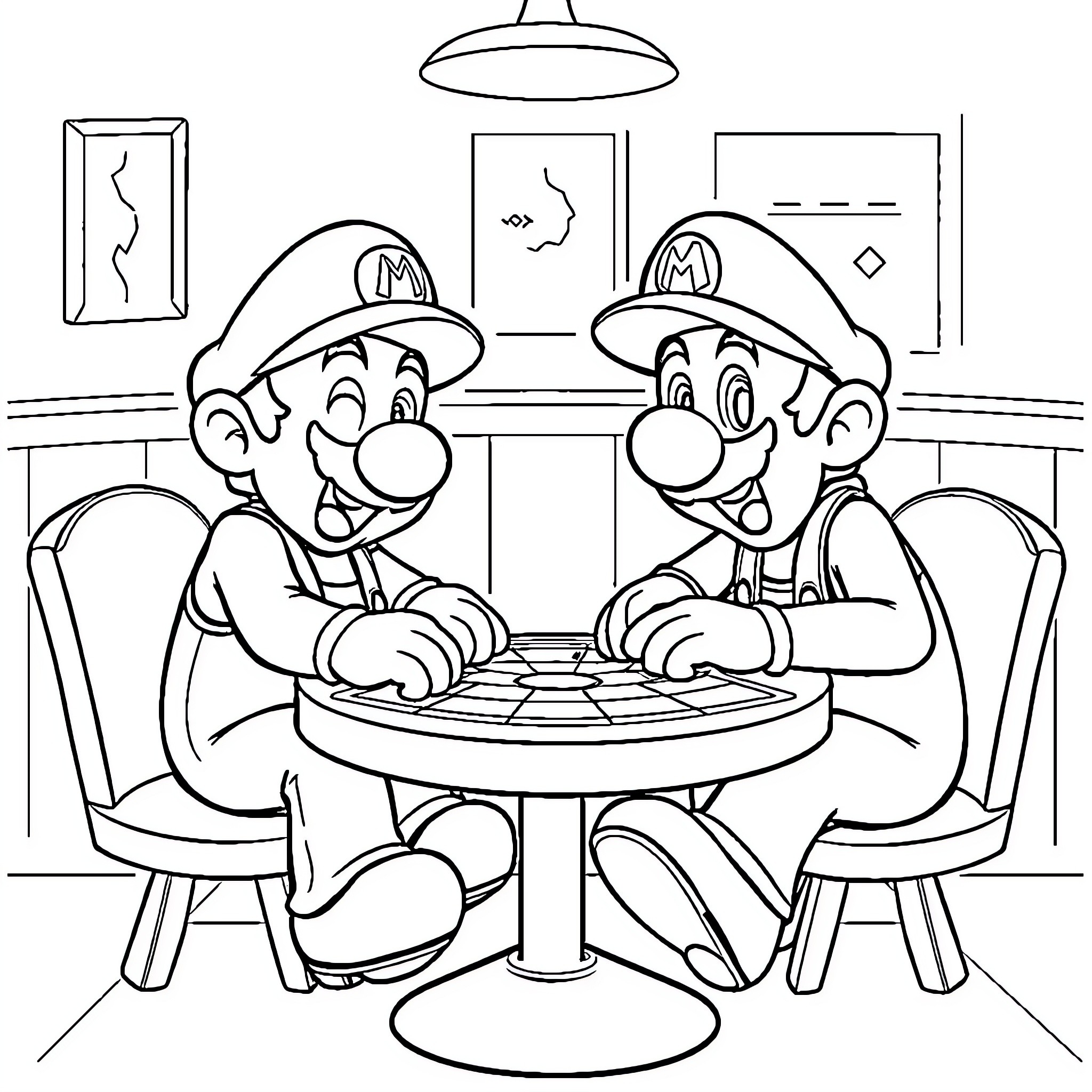 Mario and Luigi sharing a friendly conversation Coloring Page (free black-and-white line drawing printable PDF for all, from beginners to advanced learners, including children, teens, adults, and seniors)