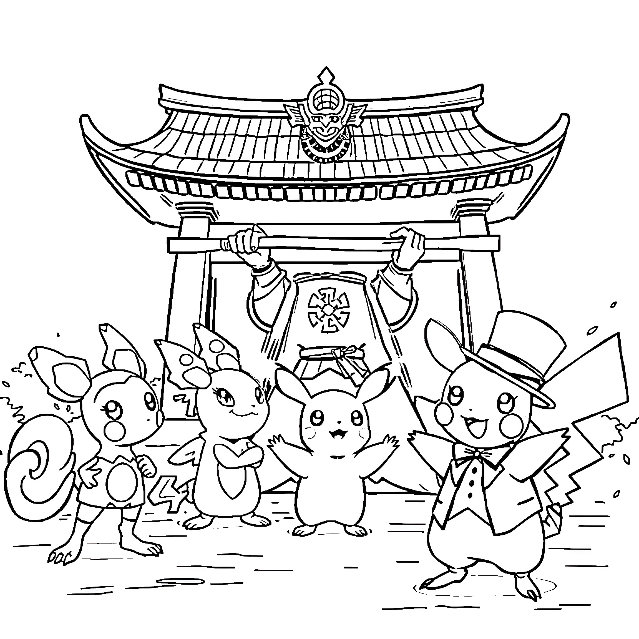 Chespin and friends explore a Japanese temple Coloring Page (free black-and-white line drawing printable PDF for all, from beginners to advanced learners, including children, teens, adults, and seniors)