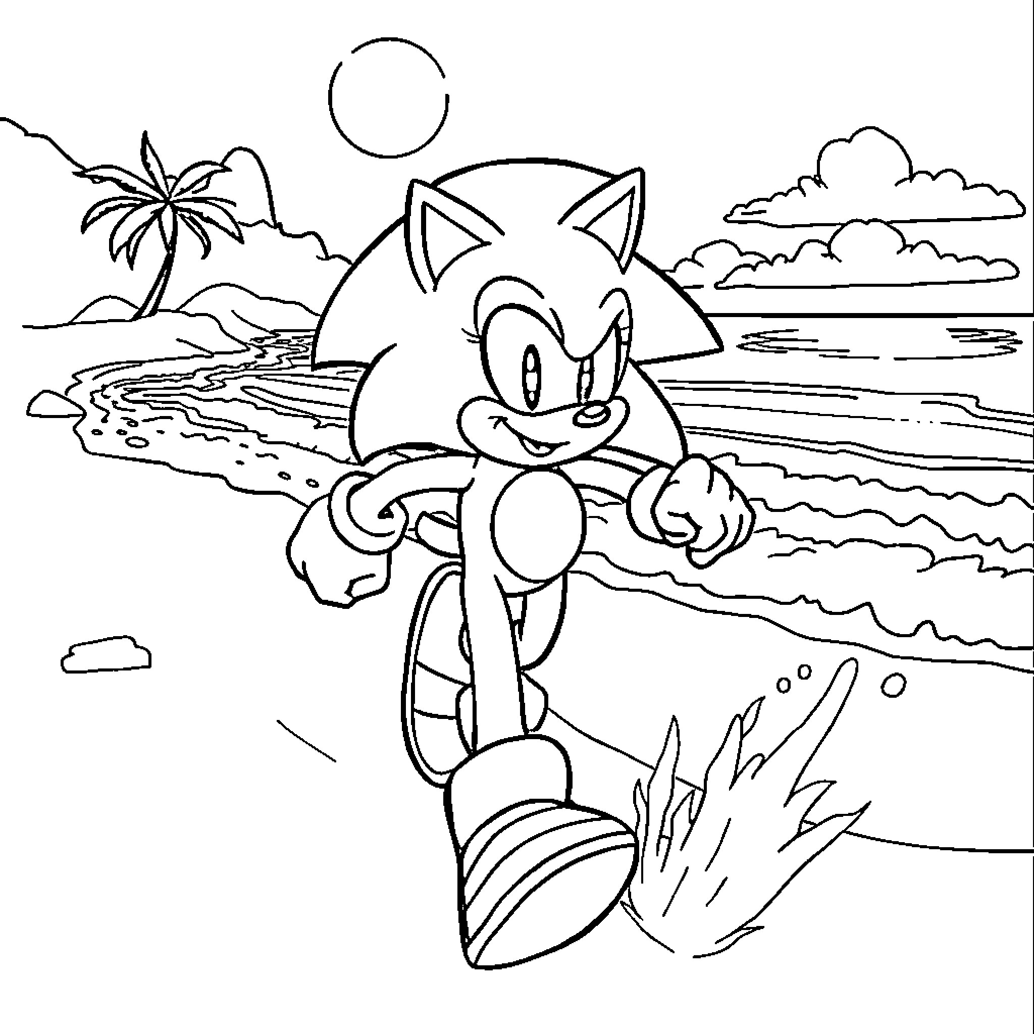 Sonic's Seaside Adventure Coloring Page (free black-and-white line drawing printable PDF for all, from beginners to advanced learners, including children, teens, adults, and seniors)