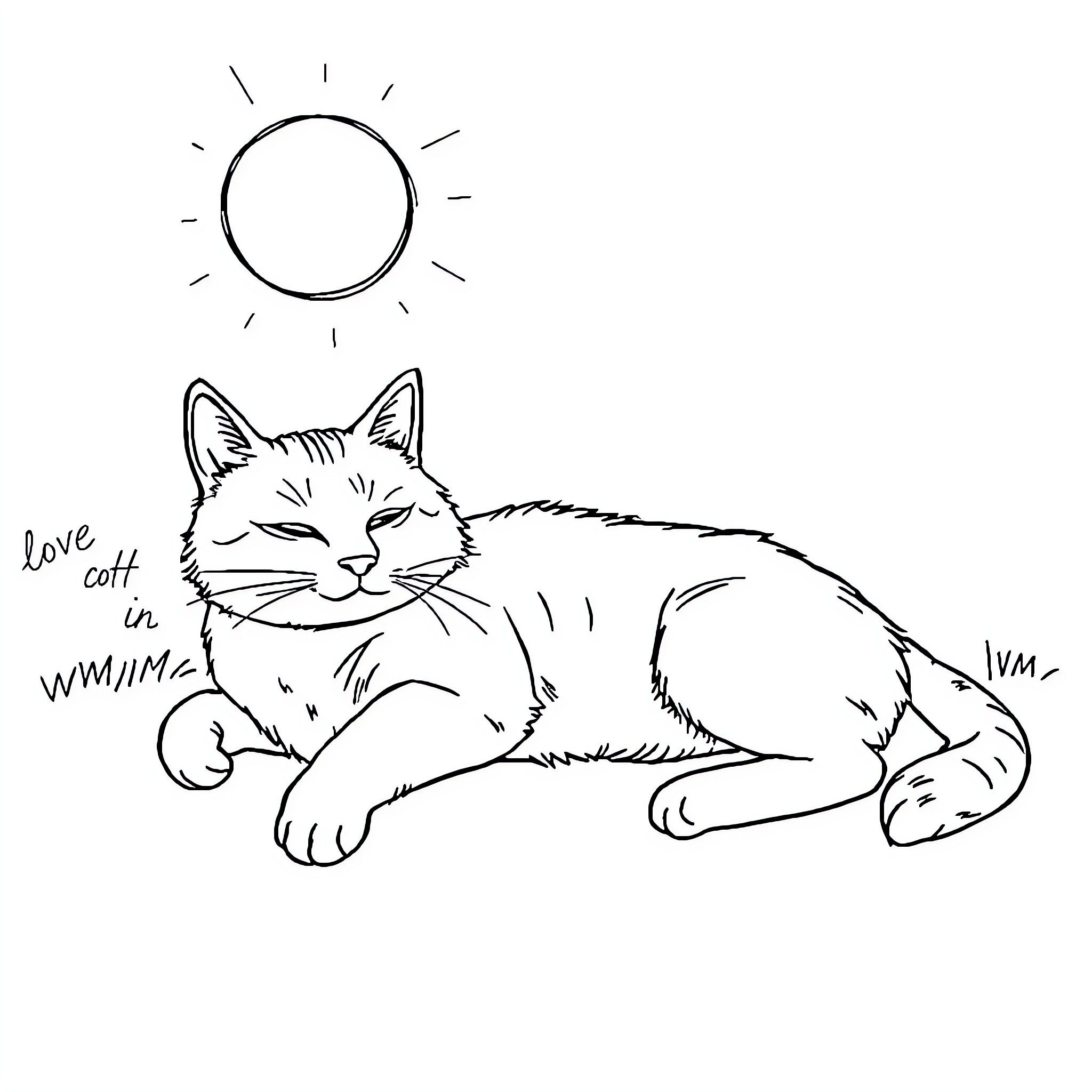 Cat relaxing peacefully in the sun Coloring Page (free black-and-white line drawing printable PDF for all, from beginners to advanced learners, including children, teens, adults, and seniors)