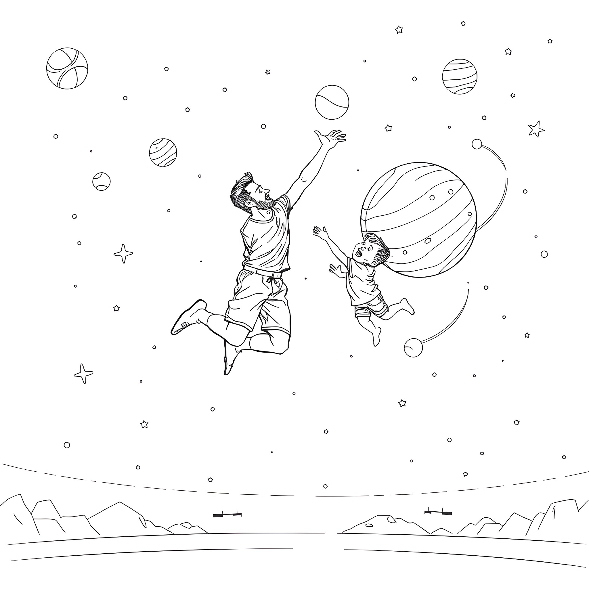 Father and son playing with cosmic balls in the night sky Coloring Page (free black-and-white line drawing printable PDF for all, from beginners to advanced learners, including children, teens, adults, and seniors)