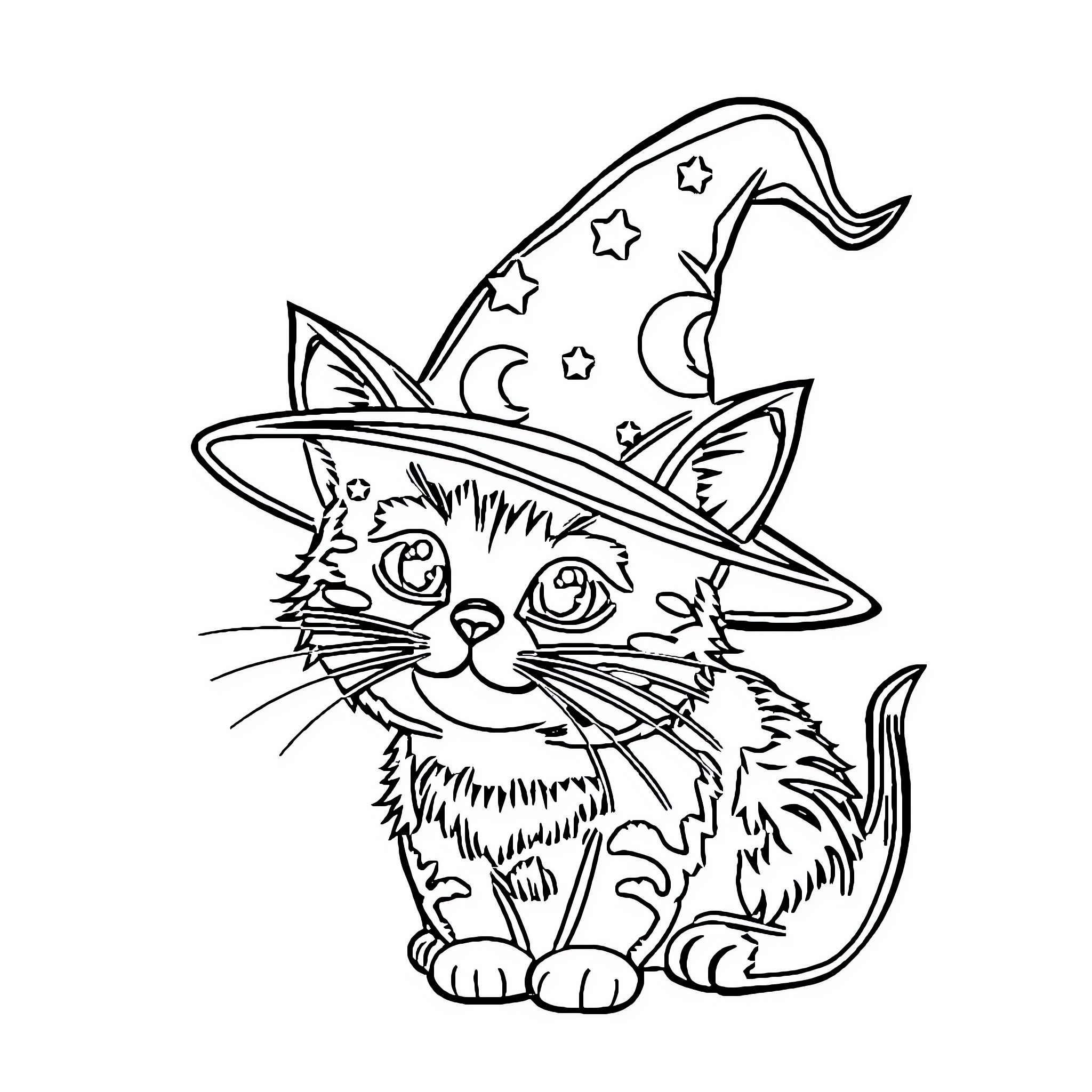 Cat wearing a magical hat with stars Coloring Page (free black-and-white line drawing printable PDF for all, from beginners to advanced learners, including children, teens, adults, and seniors)
