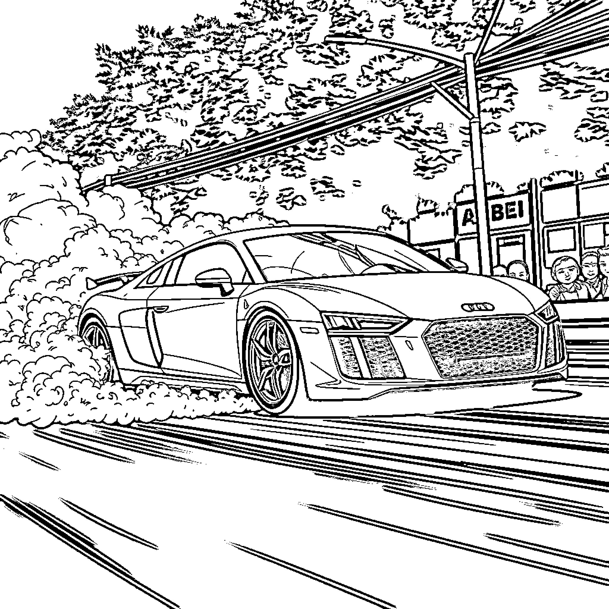 Audi R8 racing through city streets Coloring Page (free black-and-white line drawing printable PDF for all, from beginners to advanced learners, including children, teens, adults, and seniors)