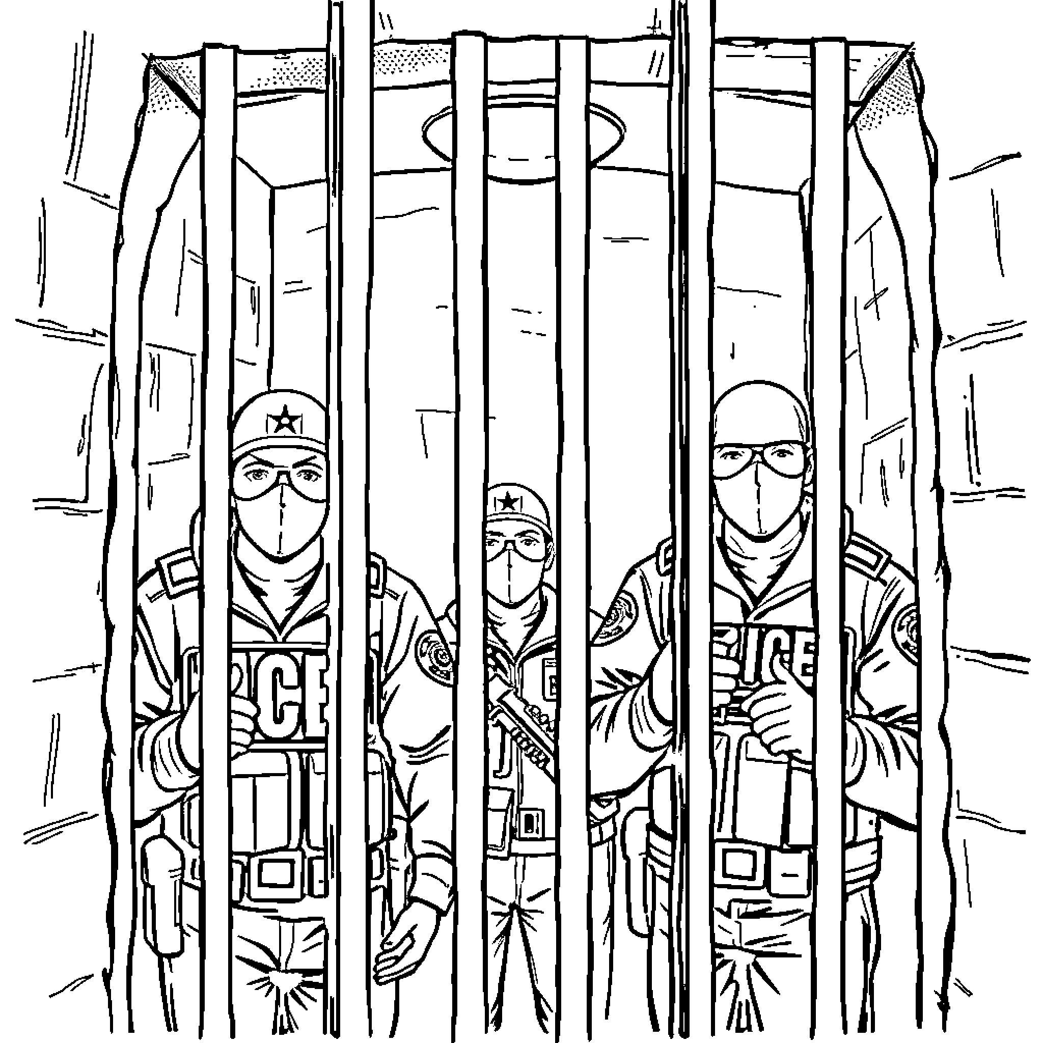 Ice Agent Operatives Behind Bars Coloring Page (free black-and-white line drawing printable PDF for all, from beginners to advanced learners, including children, teens, adults, and seniors)