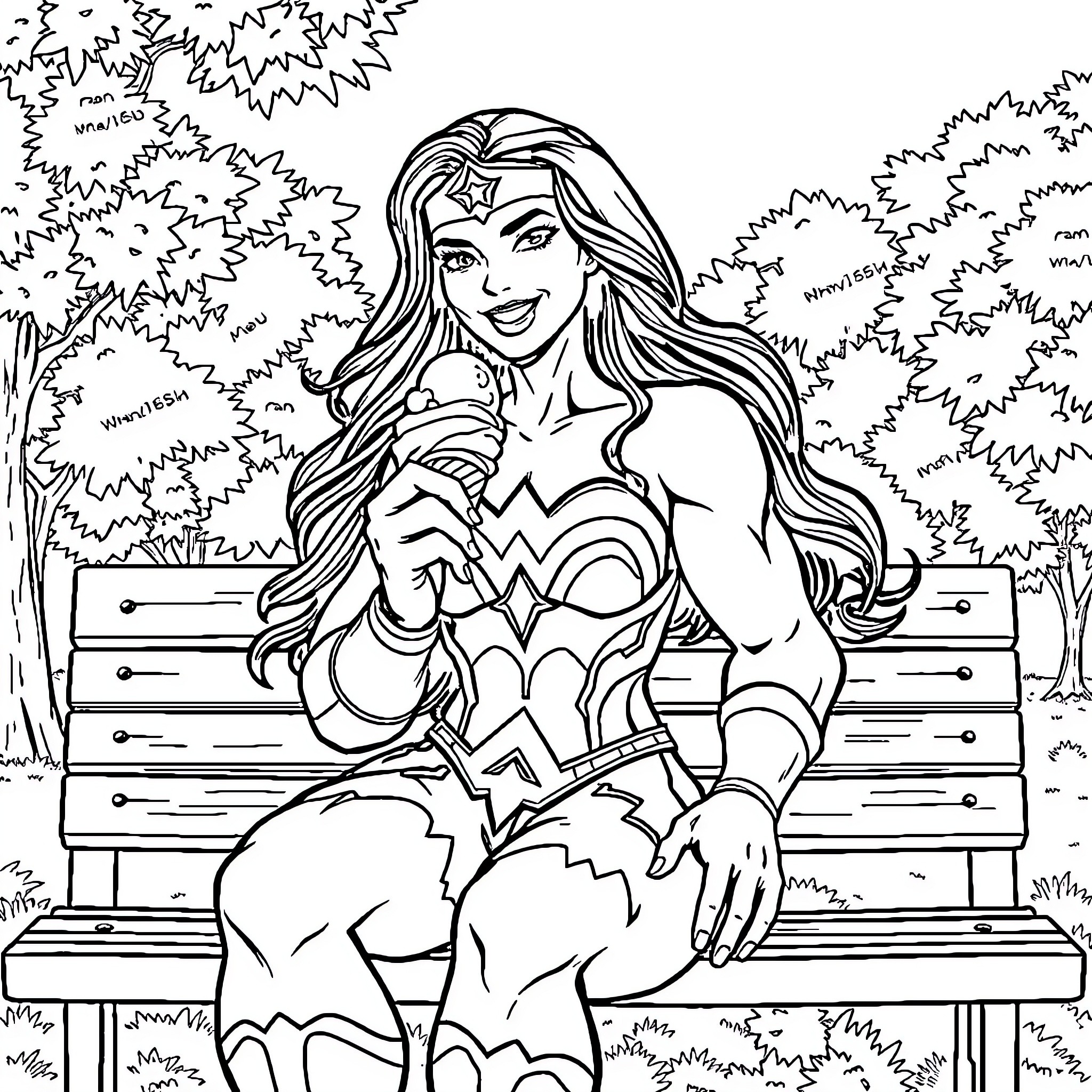 Wonder Woman relaxing on a park bench Coloring Page (free black-and-white line drawing printable PDF for all, from beginners to advanced learners, including children, teens, adults, and seniors)