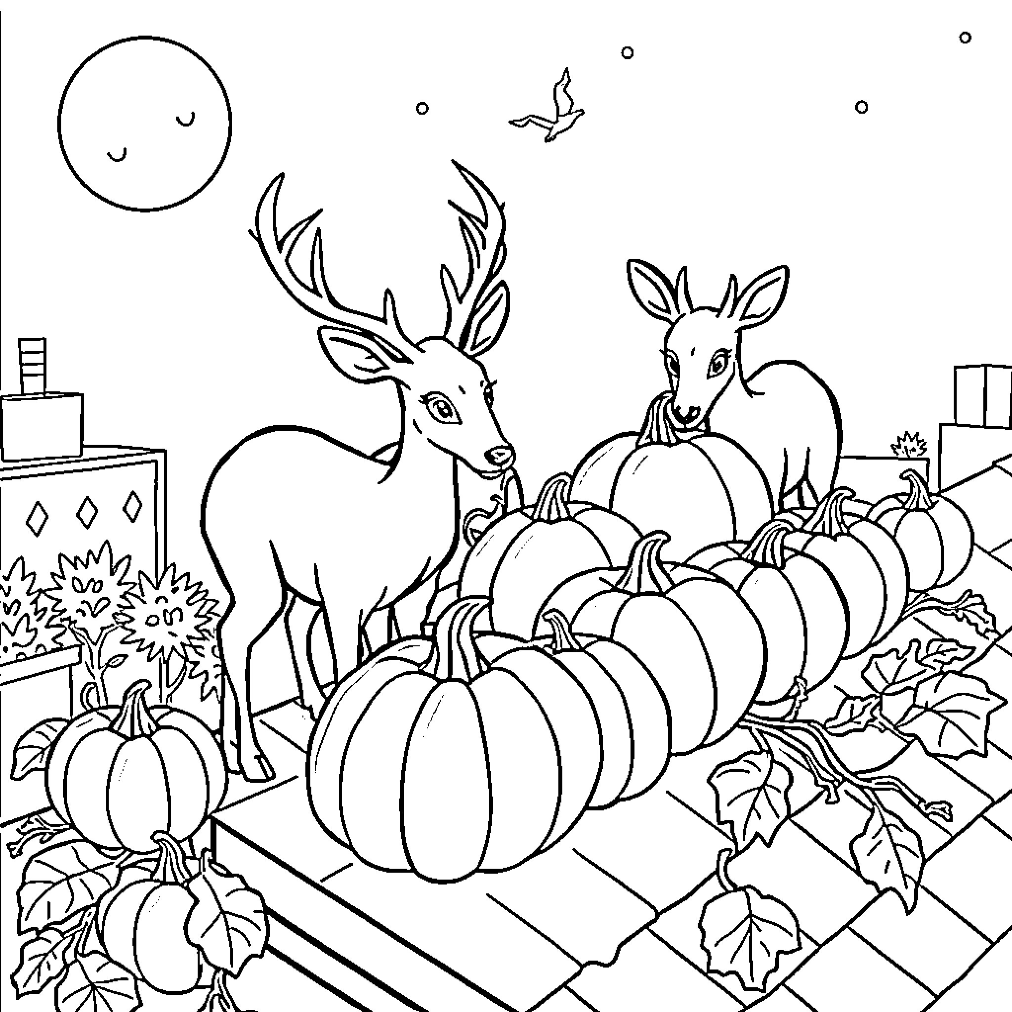 Deer exploring a pumpkin patch Coloring Page (free black-and-white line drawing printable PDF for all, from beginners to advanced learners, including children, teens, adults, and seniors)