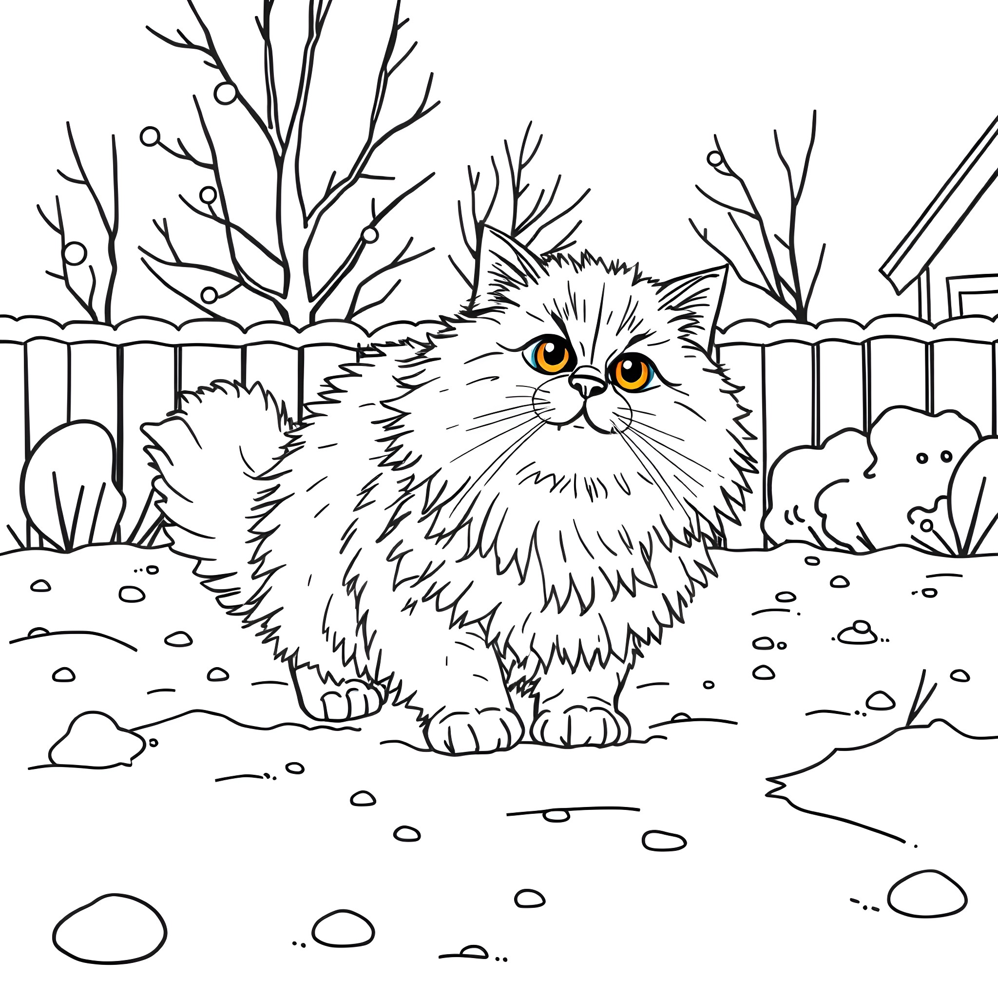 Cat in a winter landscape Coloring Page (free black-and-white line drawing printable PDF for all, from beginners to advanced learners, including children, teens, adults, and seniors)