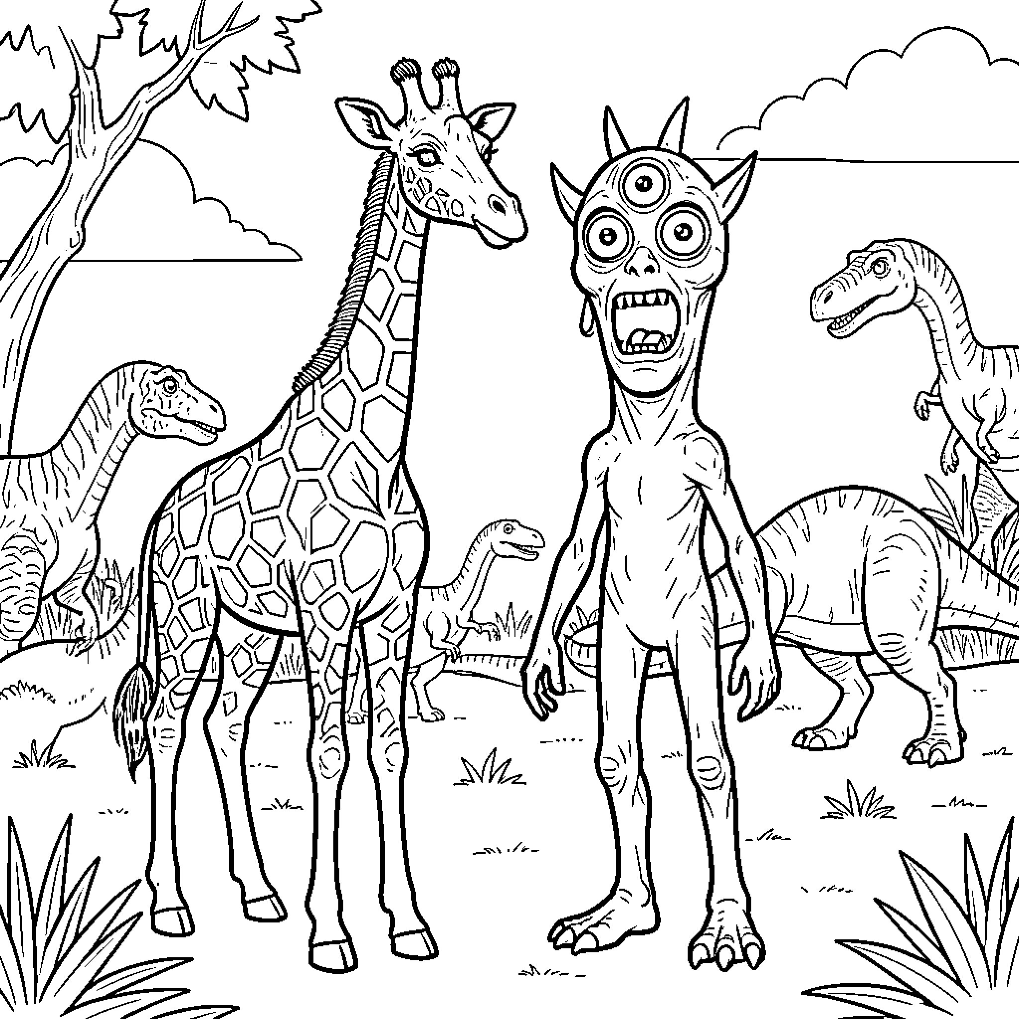 Giraffe standing among dinosaurs and a three-eyed creature Coloring Page (free black-and-white line drawing printable PDF for all, from beginners to advanced learners, including children, teens, adults, and seniors)