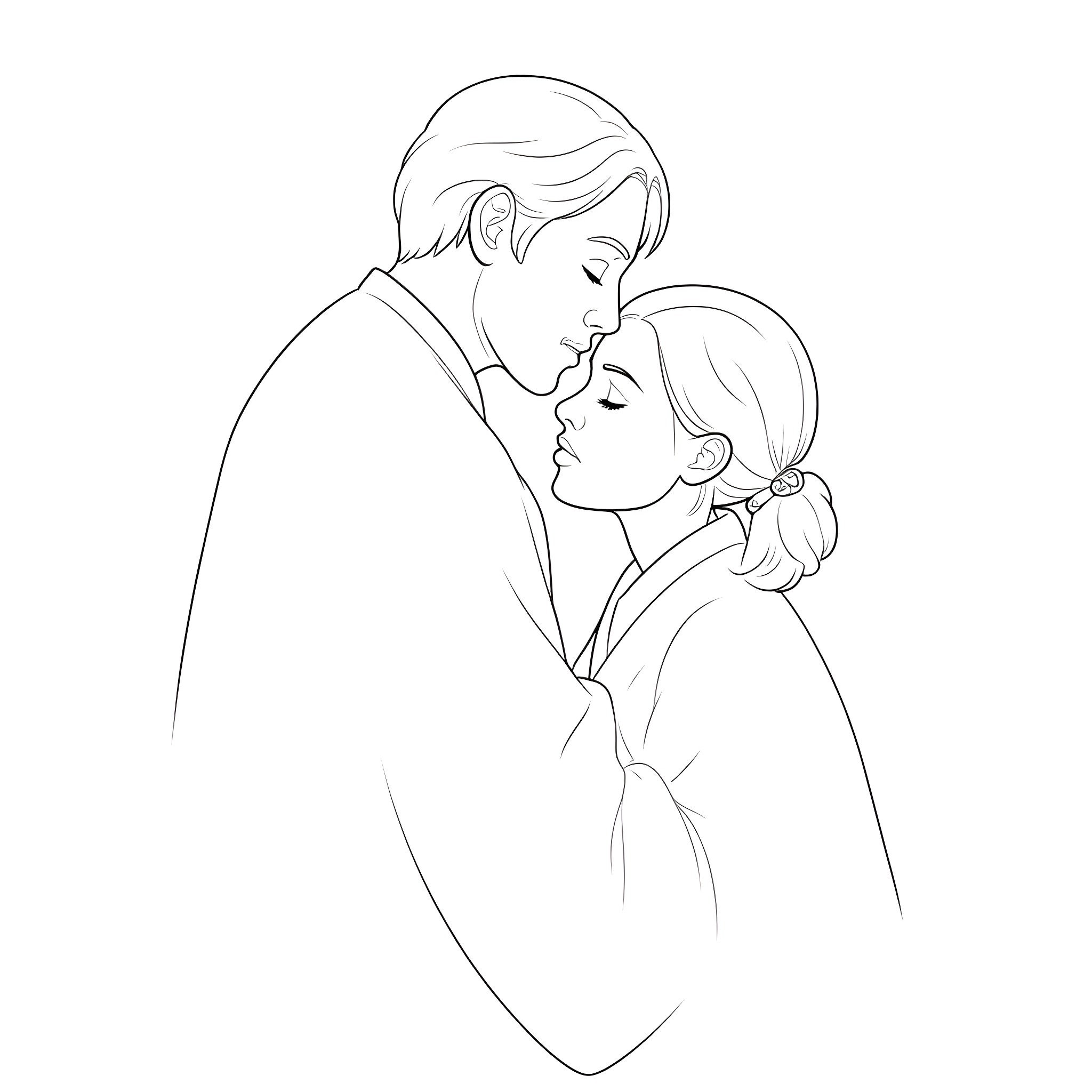Luke embraces his loved one with tenderness Coloring Page (free black-and-white line drawing printable PDF for all, from beginners to advanced learners, including children, teens, adults, and seniors)