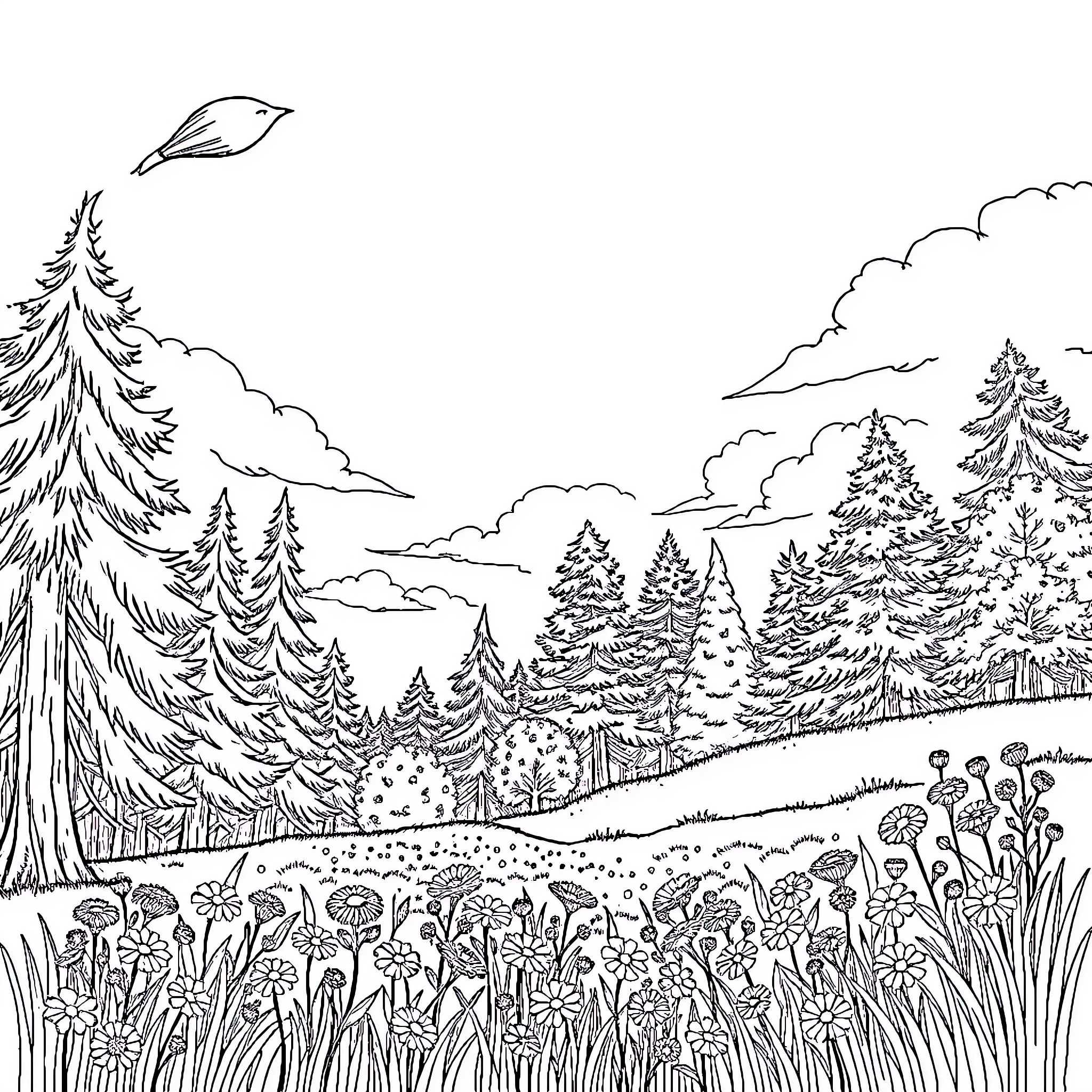 Nature's Tranquil Woodland Scenery Coloring Page (free black-and-white line drawing printable PDF for all, from beginners to advanced learners, including children, teens, adults, and seniors)