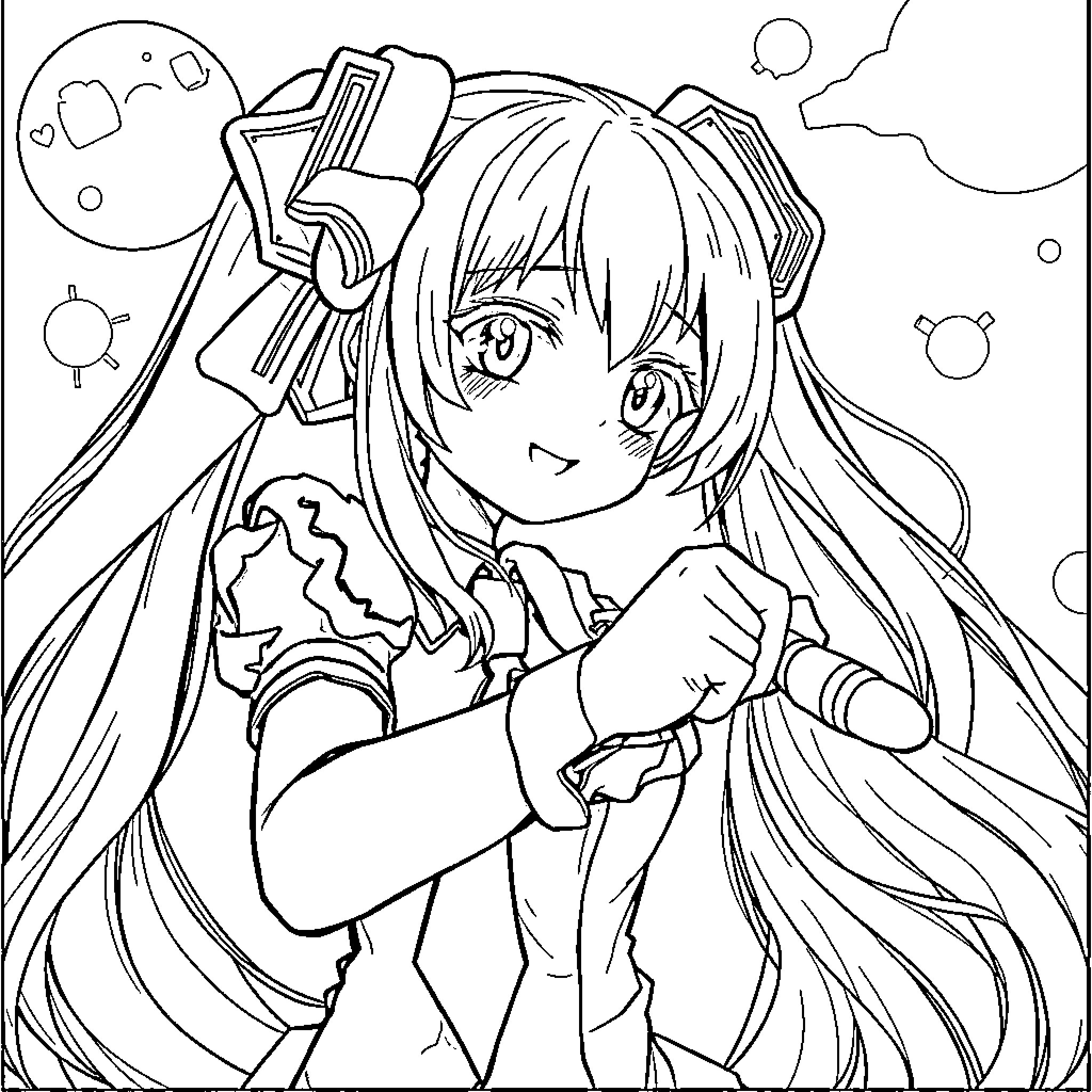 Miku in a whimsical anime-style scene Coloring Page (free black-and-white line drawing printable PDF for all, from beginners to advanced learners, including children, teens, adults, and seniors)