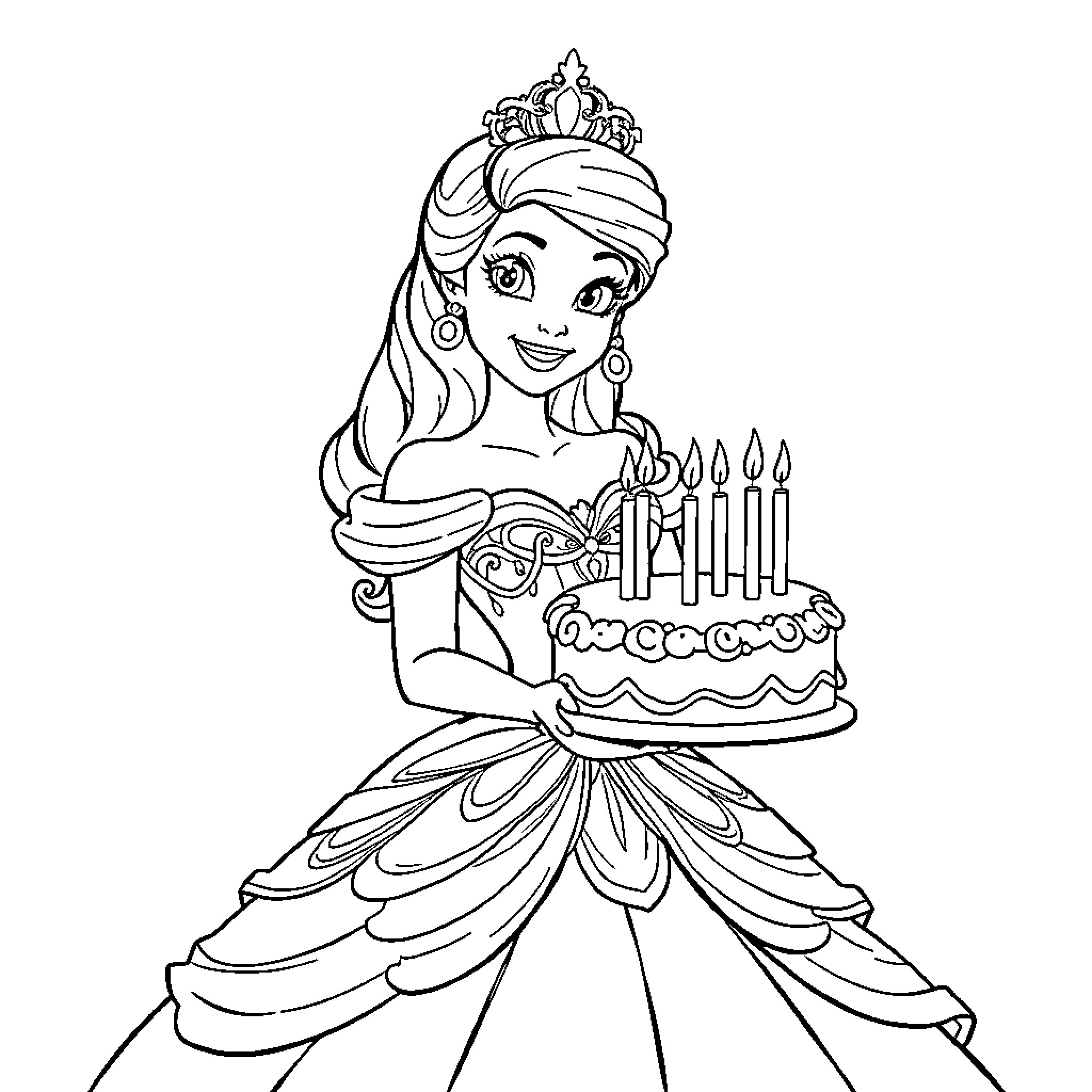 Princess Celebrating Birthday with Cake and Crown Coloring Page (free black-and-white line drawing printable PDF for all, from beginners to advanced learners, including children, teens, adults, and seniors)