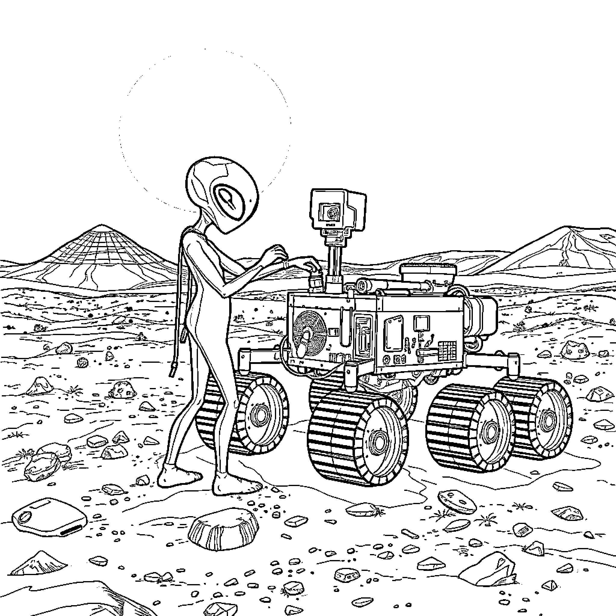 Alien Rover Exploring the Barren Martian Landscape Coloring Page (free black-and-white line drawing printable PDF for all, from beginners to advanced learners, including children, teens, adults, and seniors)