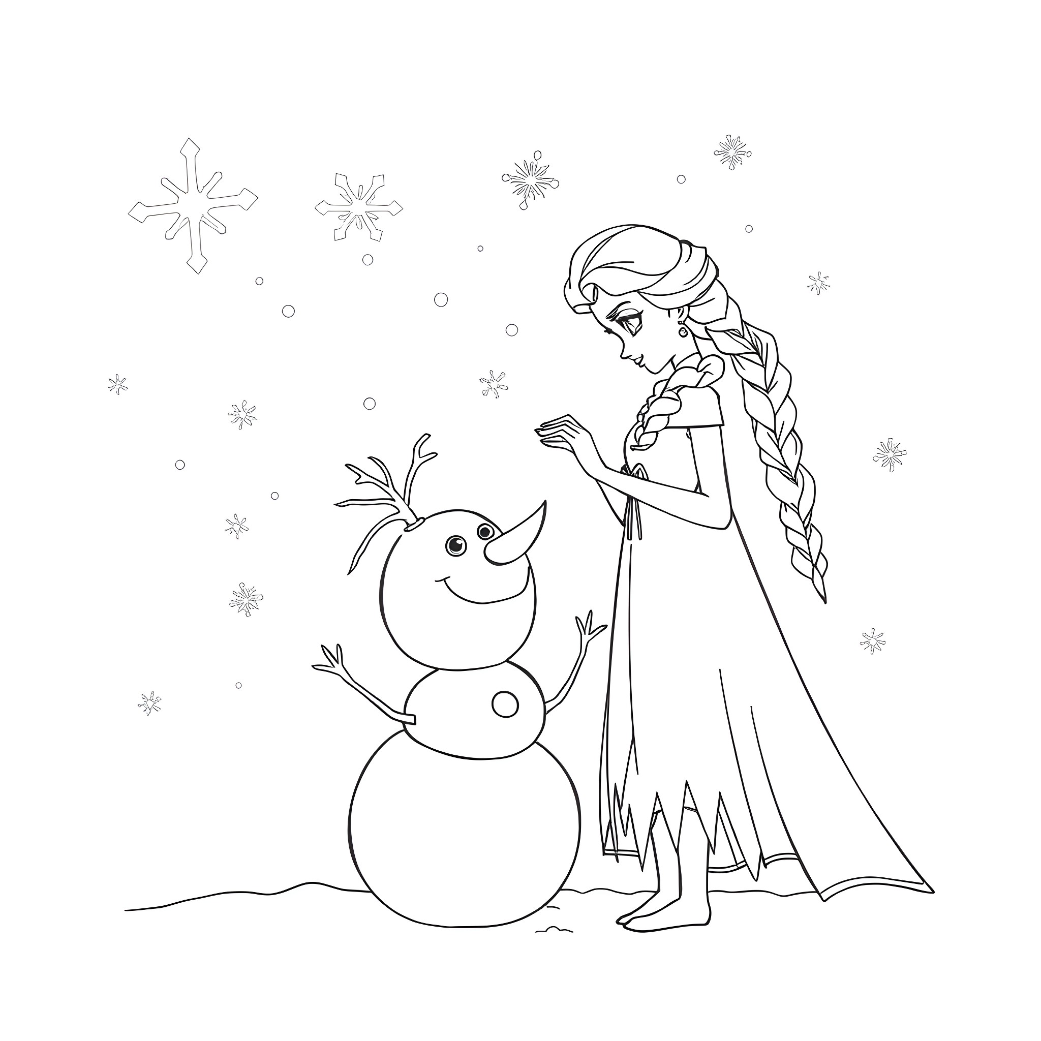 Elsa building a snowman with Olaf Coloring Page (free black-and-white line drawing printable PDF for all, from beginners to advanced learners, including children, teens, adults, and seniors)