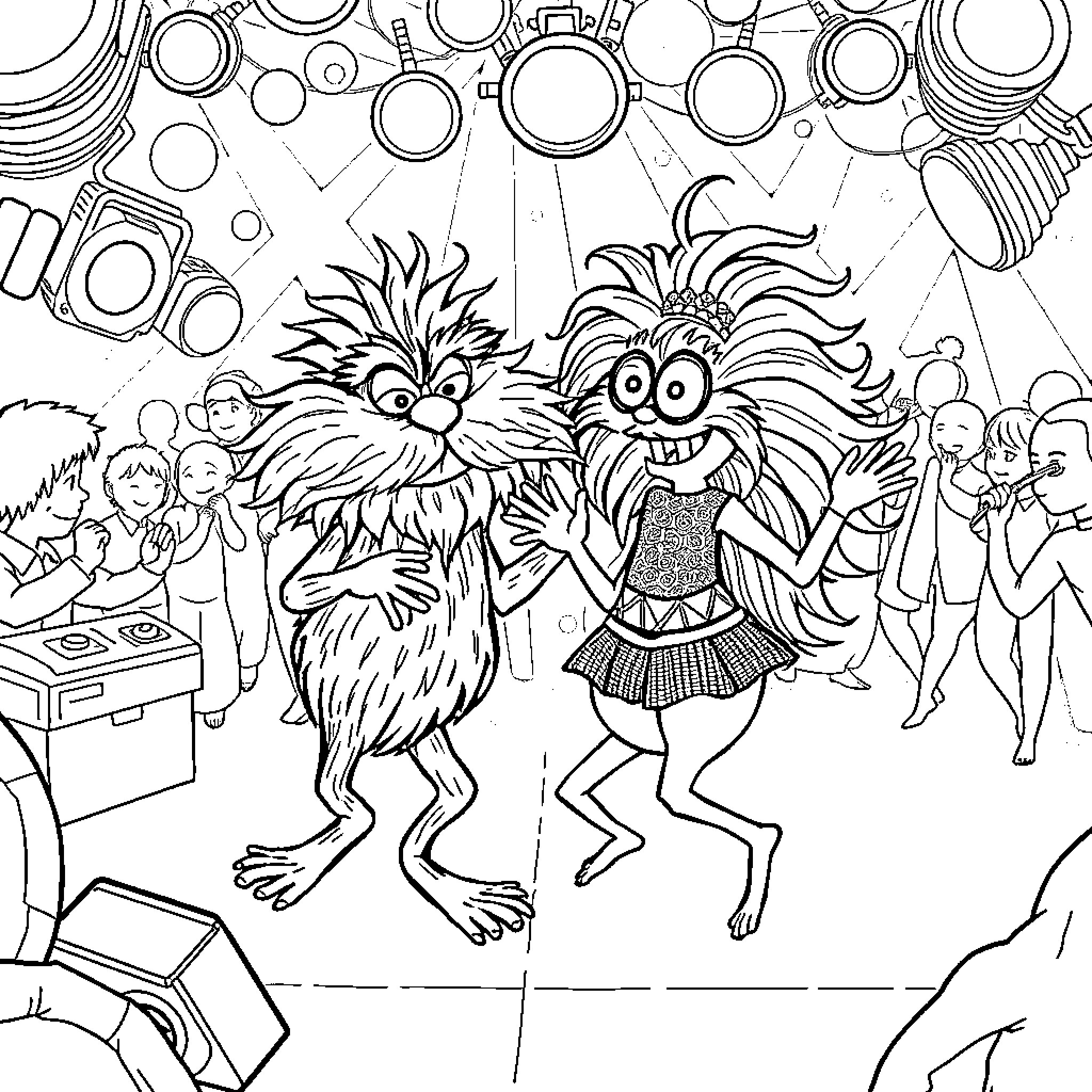 Lorax characters dancing at a lively party Coloring Page (free black-and-white line drawing printable PDF for all, from beginners to advanced learners, including children, teens, adults, and seniors)