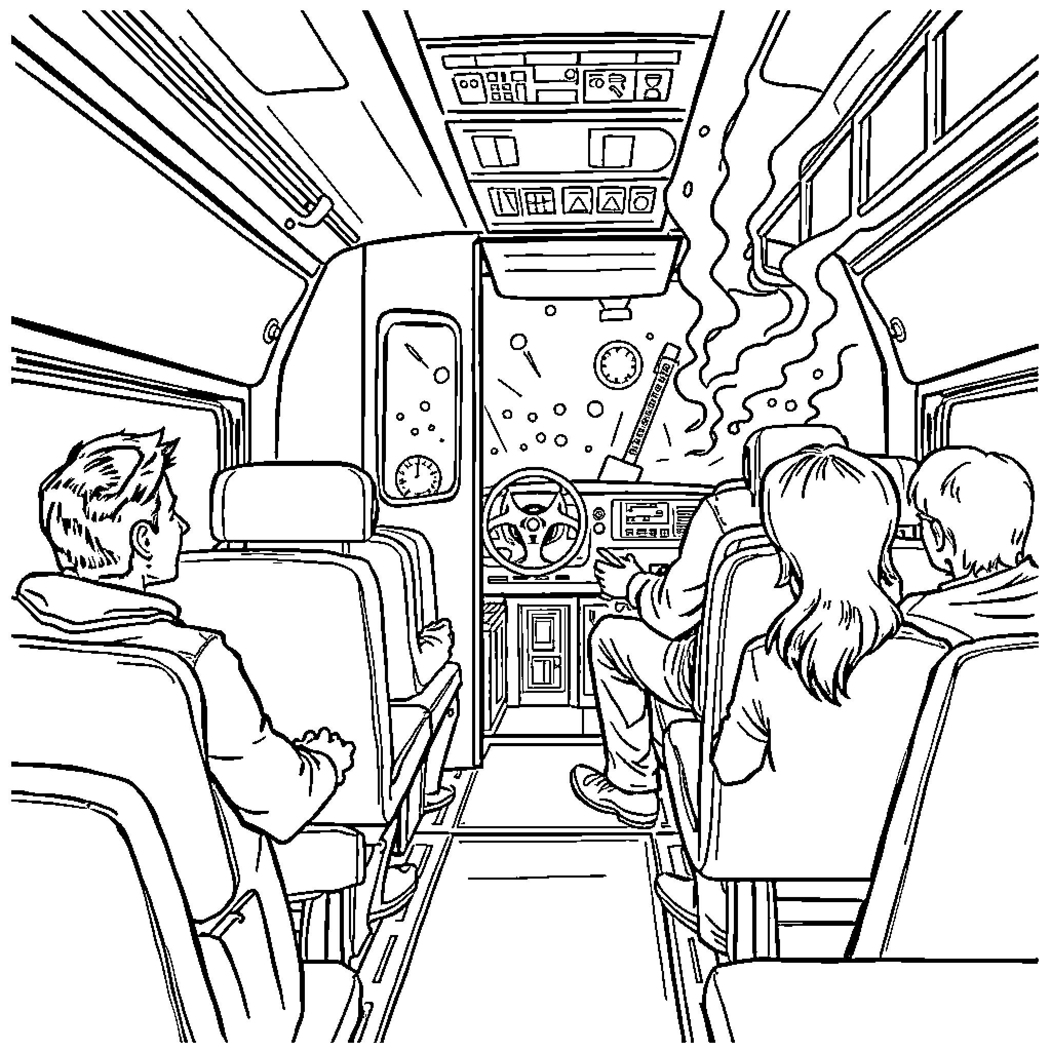 Train interior with passengers and controls Coloring Page (free black-and-white line drawing printable PDF for all, from beginners to advanced learners, including children, teens, adults, and seniors)